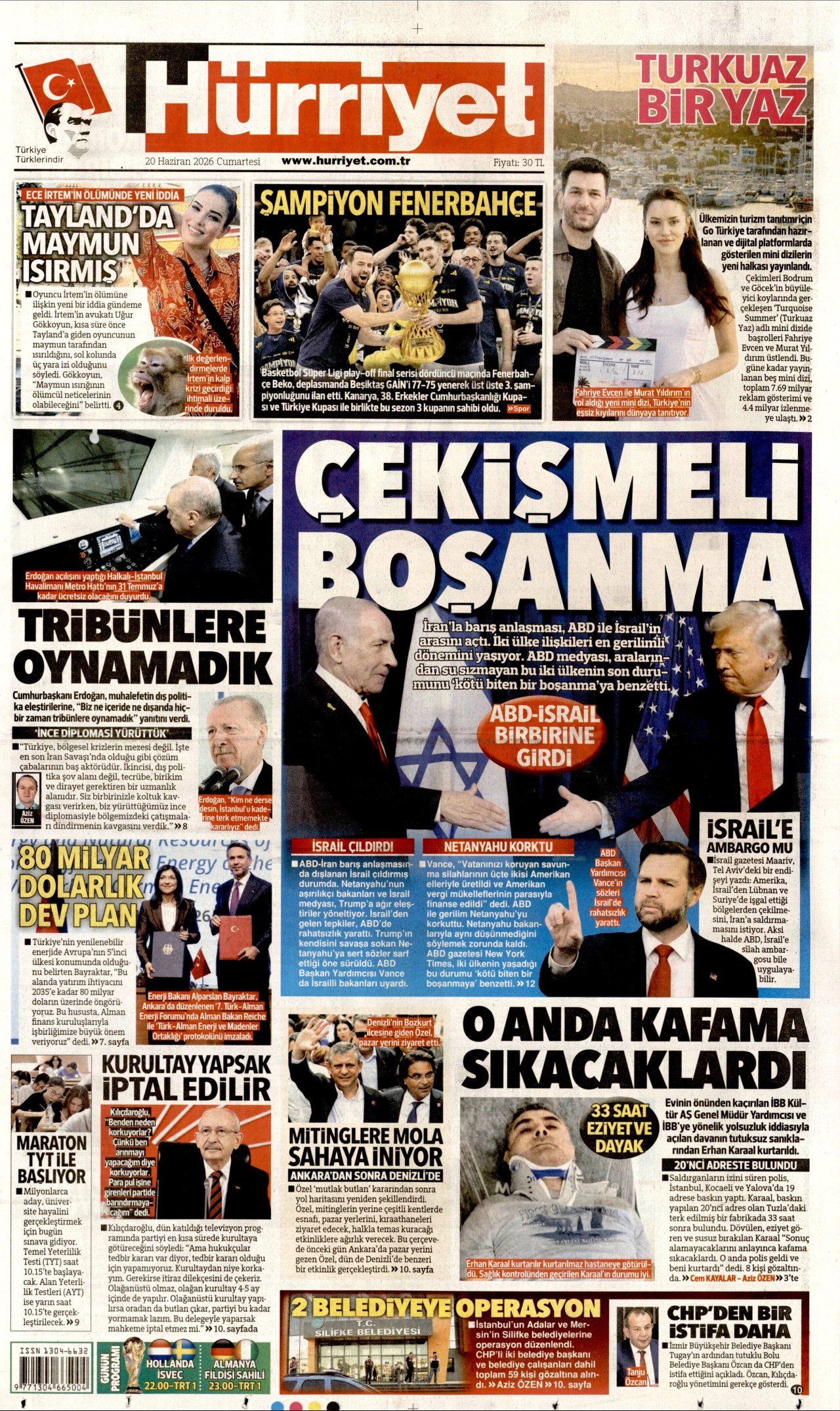 HÜRRİYET gazetesinin 20 Haziran 2026 tarihli birinci sayfası