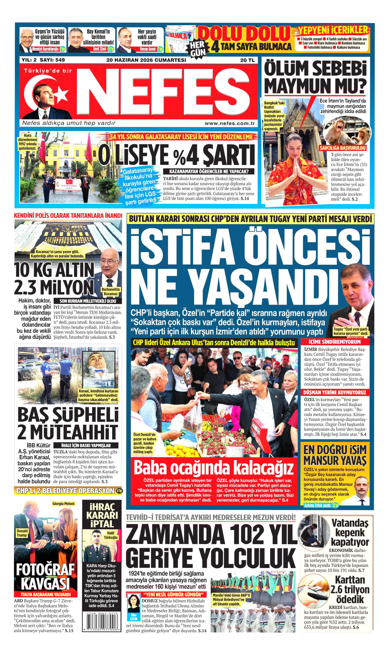 NEFES gazetesinin 20 Haziran 2026 tarihli birinci sayfası