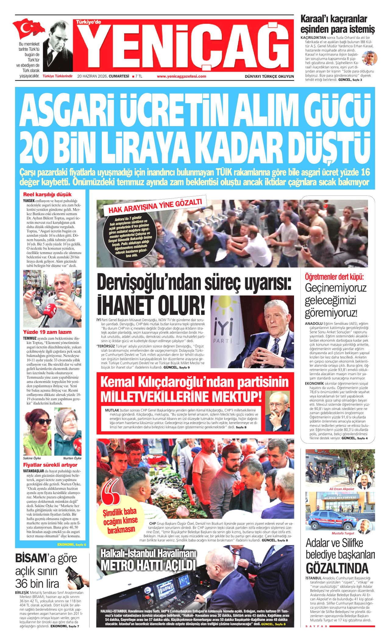 YENİÇAĞ gazetesinin 20 Haziran 2026 tarihli birinci sayfası