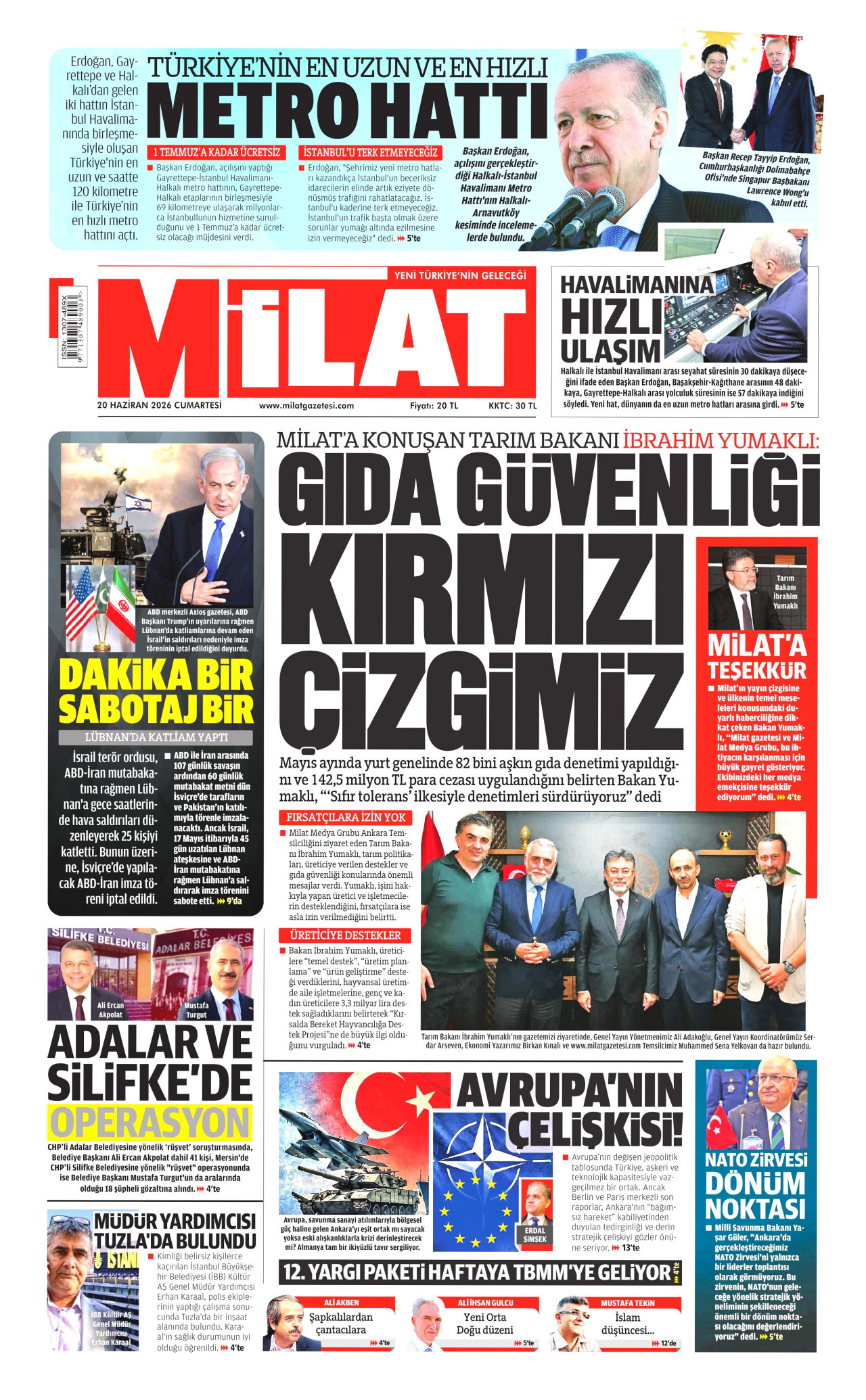 MİLAT gazetesinin 20 Haziran 2026 tarihli birinci sayfası