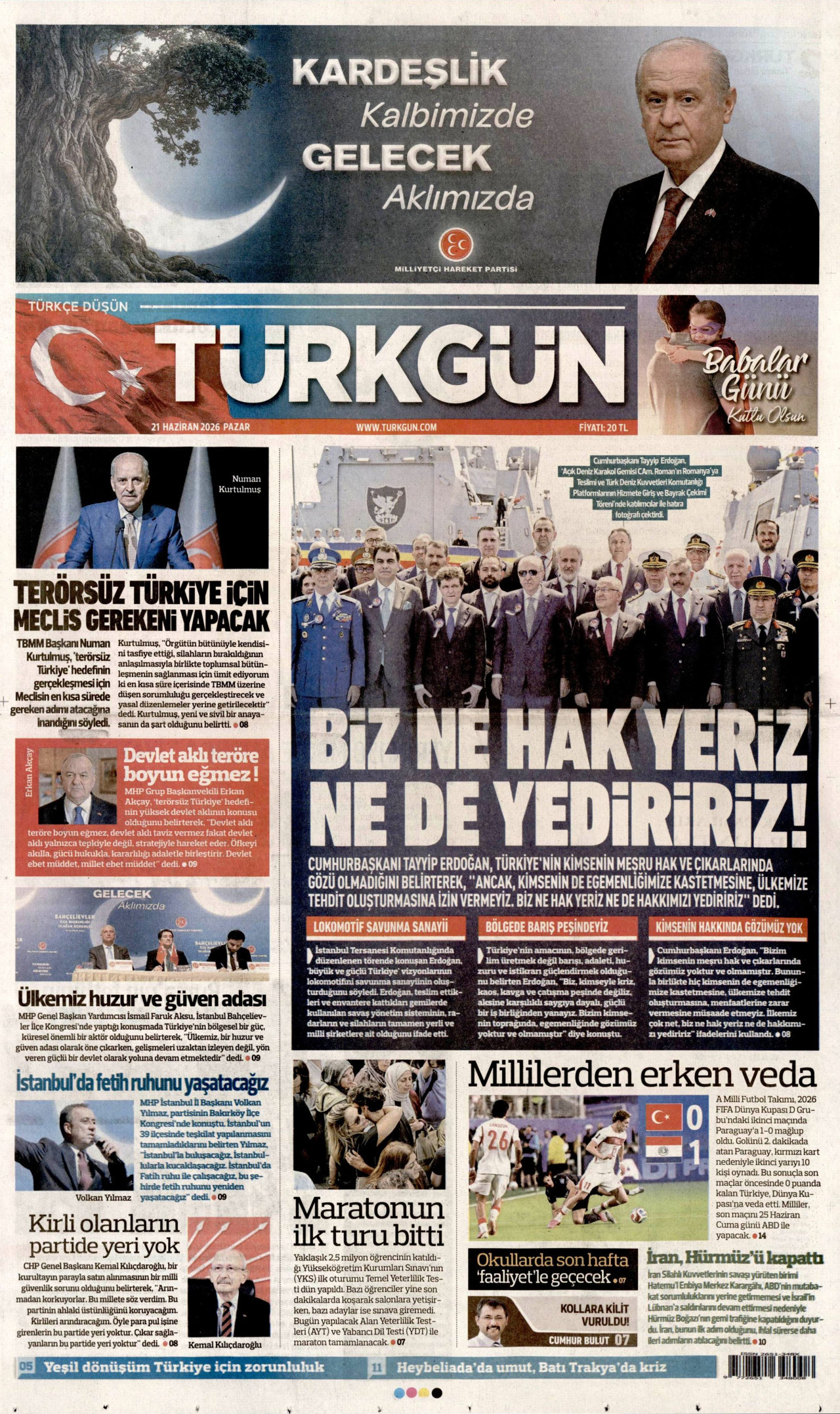 TÜRKGÜN gazetesinin 21 Haziran 2026 tarihli birinci sayfası