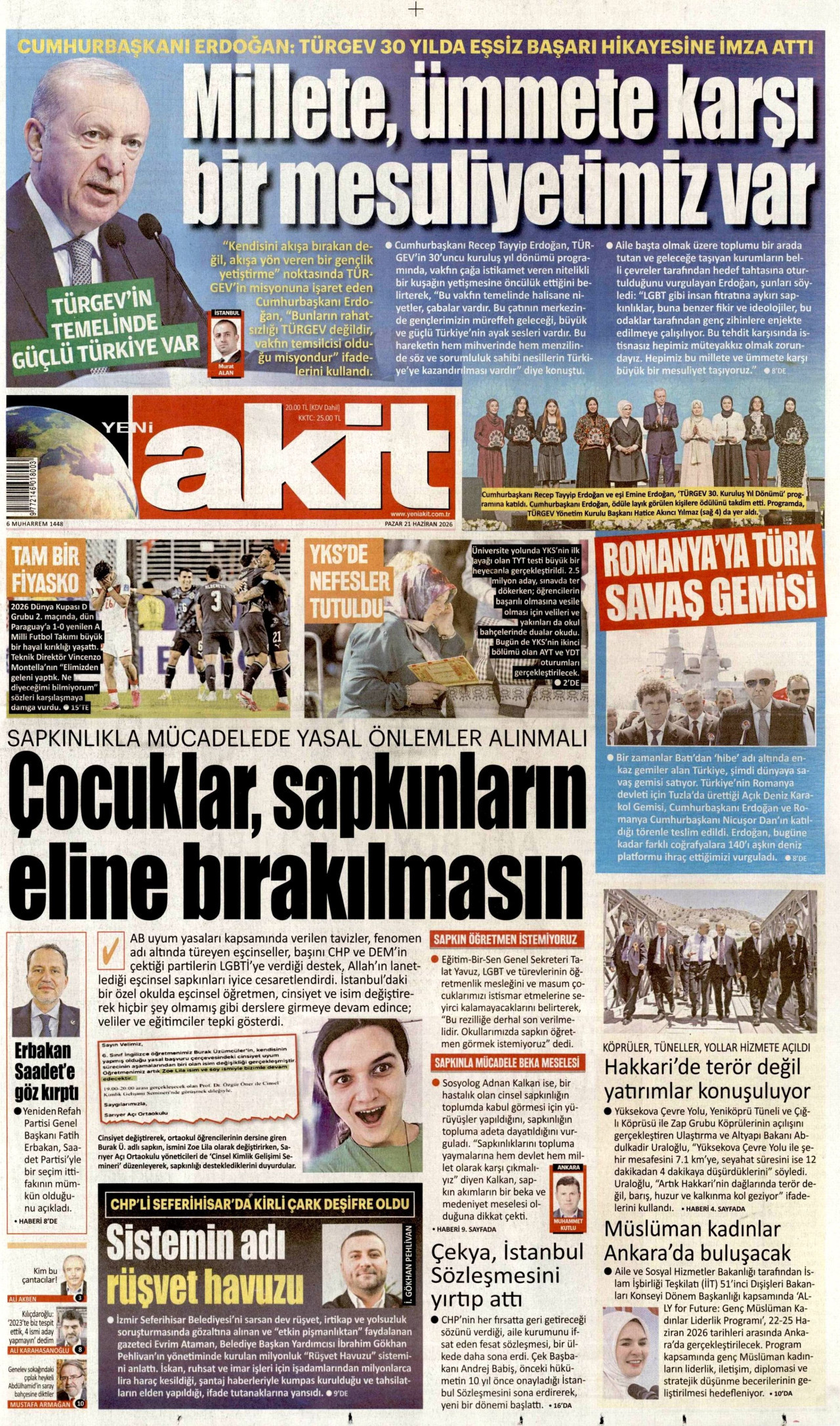 YENİ AKİT gazetesinin 21 Haziran 2026 tarihli birinci sayfası