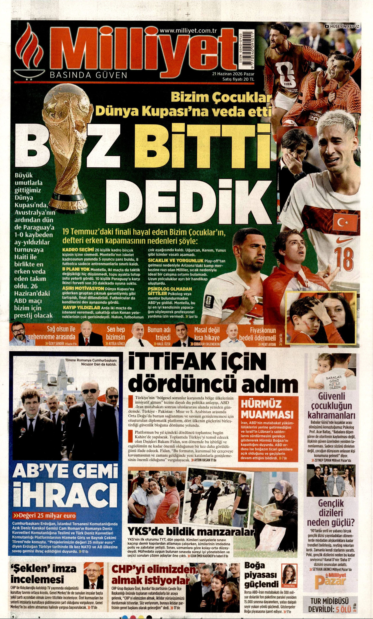 MİLLİYET gazetesinin 21 Haziran 2026 tarihli birinci sayfası
