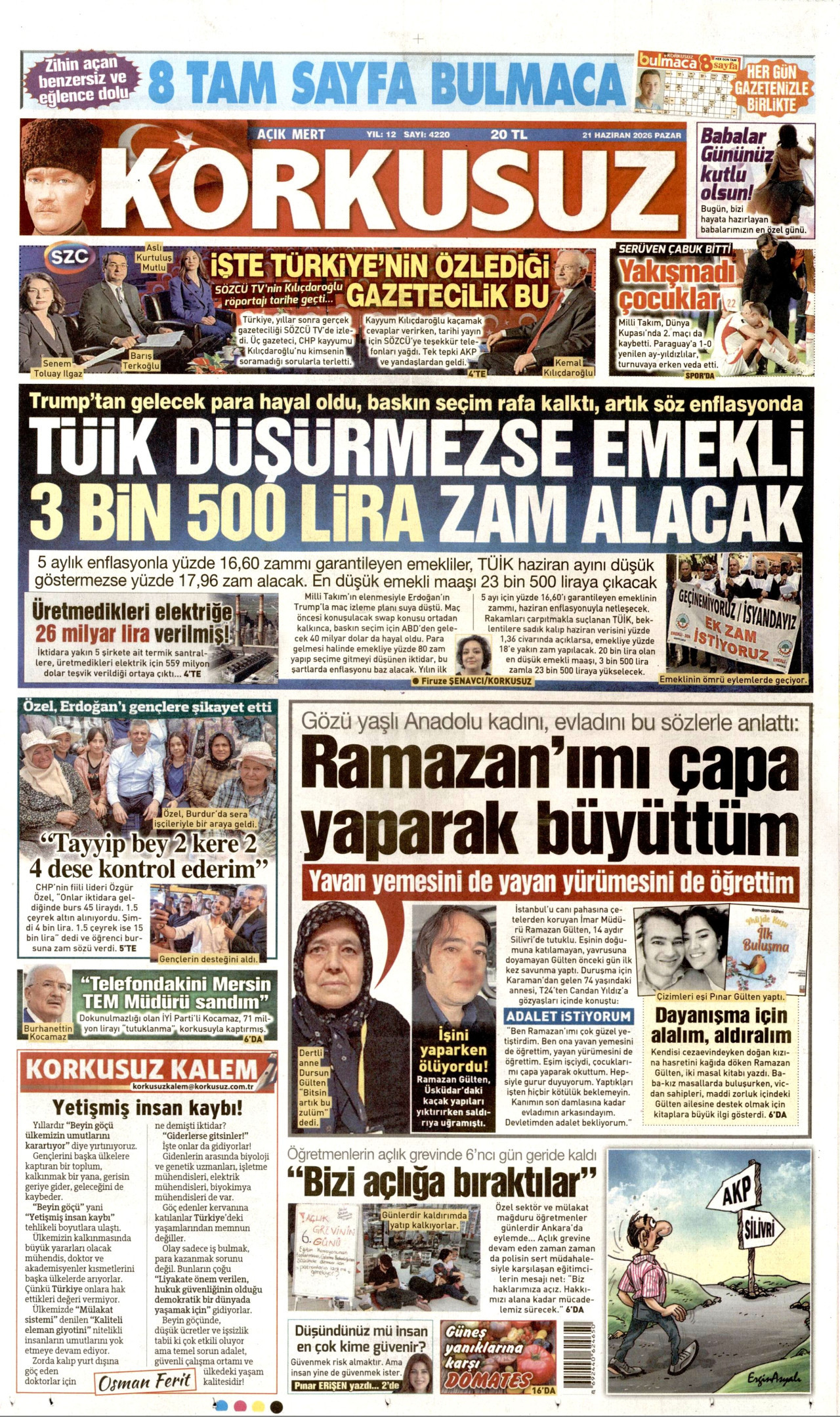 KORKUSUZ gazetesinin 21 Haziran 2026 tarihli birinci sayfası
