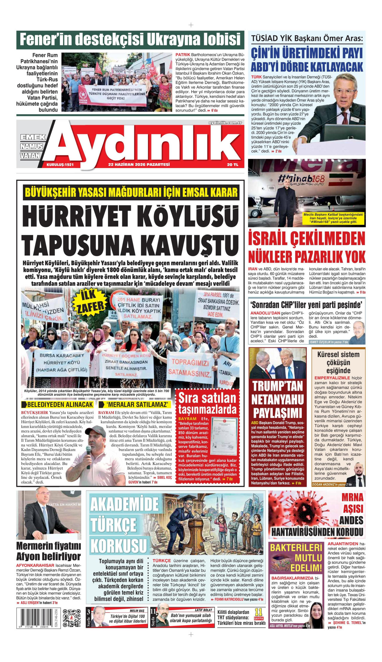 AYDINLIK GAZETESİ gazetesinin 22 Haziran 2026 tarihli birinci sayfası