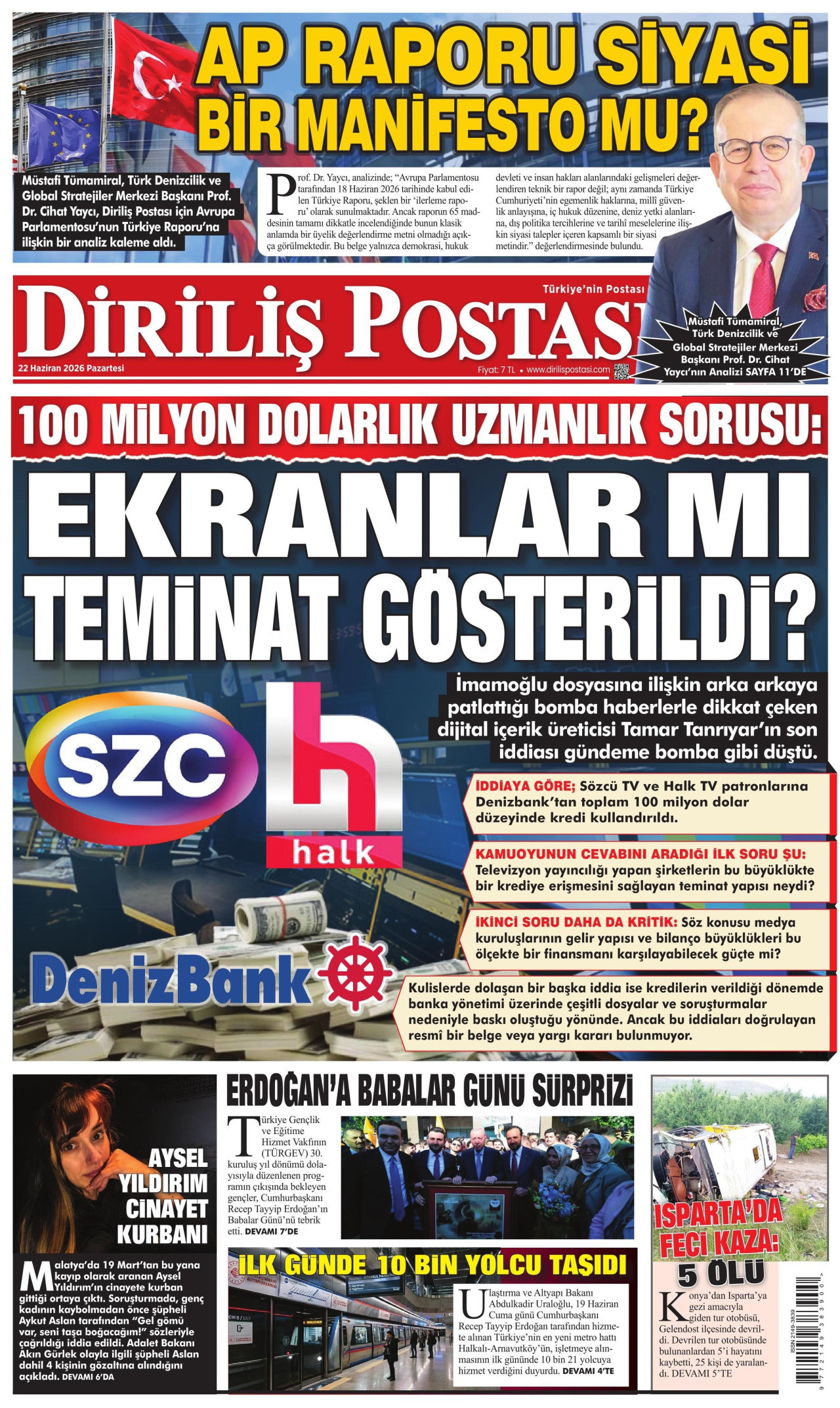 DİRİLİŞ POSTASI gazetesinin 22 Haziran 2026 tarihli birinci sayfası