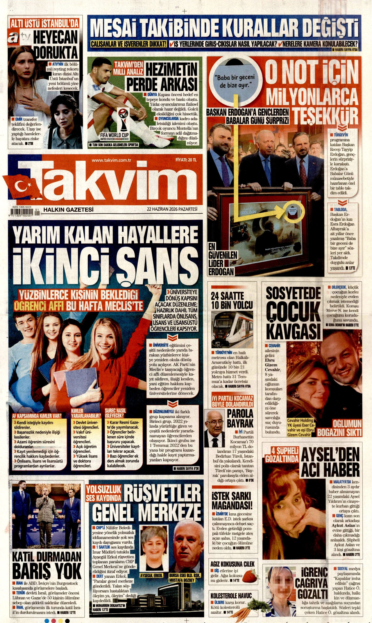 TAKVİM gazetesinin 22 Haziran 2026 tarihli birinci sayfası