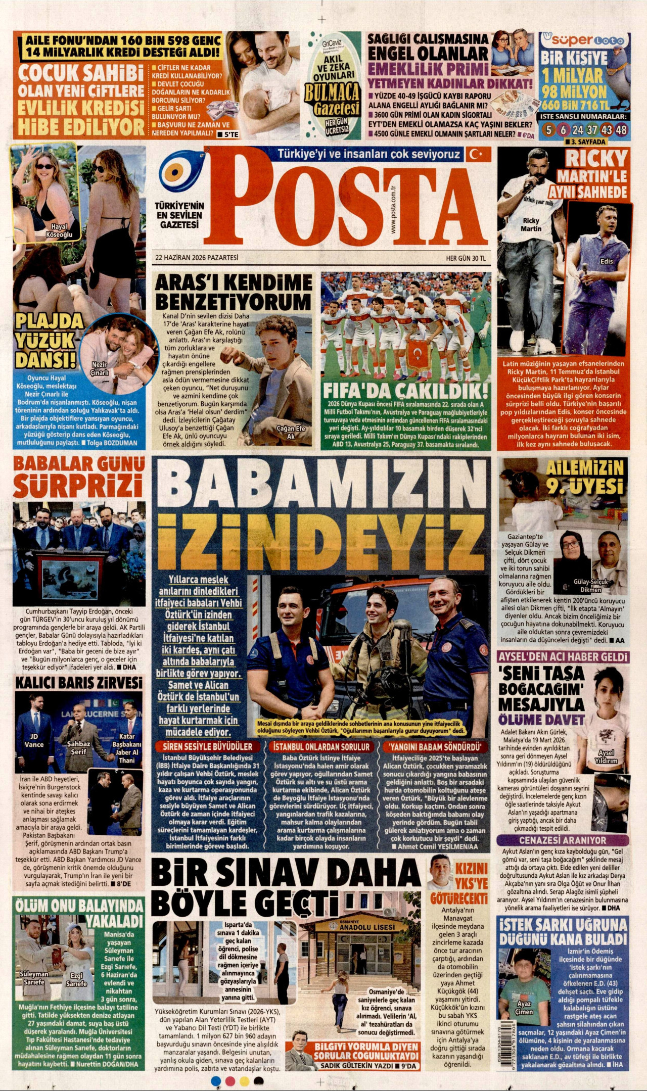 POSTA gazetesinin 22 Haziran 2026 tarihli birinci sayfası