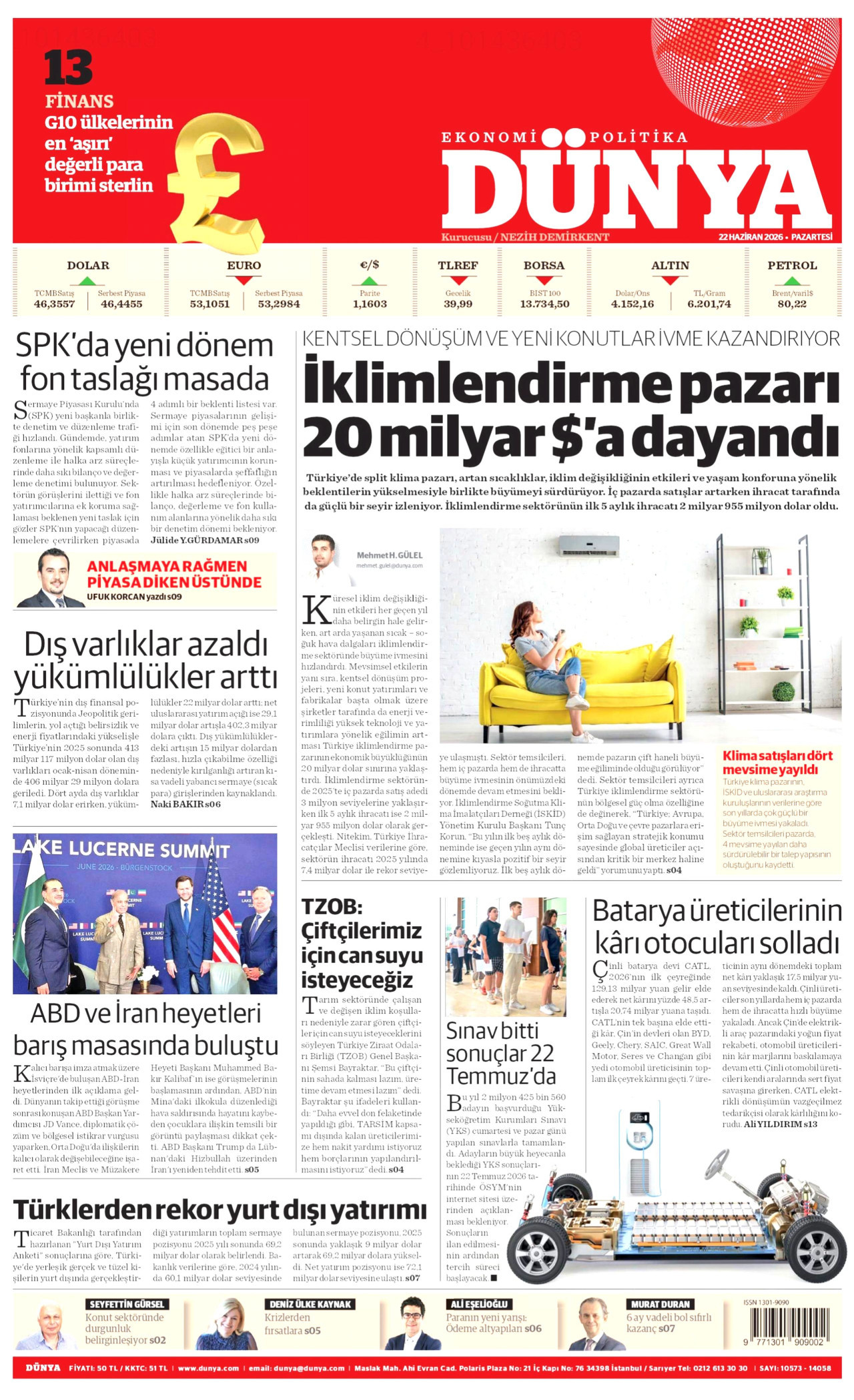 DÜNYA gazetesinin 22 Haziran 2026 tarihli birinci sayfası