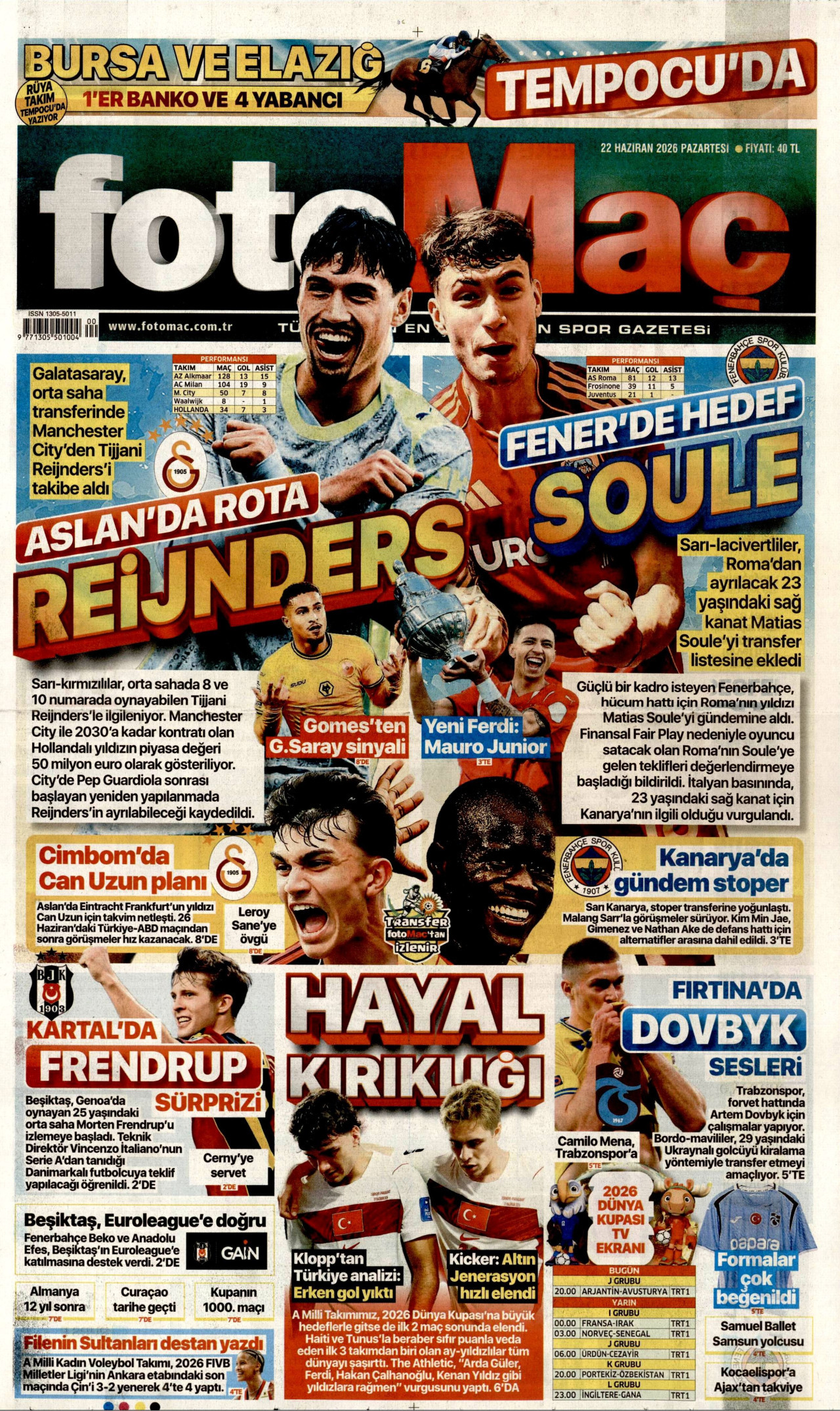 FOTOMAÇ gazetesinin 22 Haziran 2026 tarihli birinci sayfası