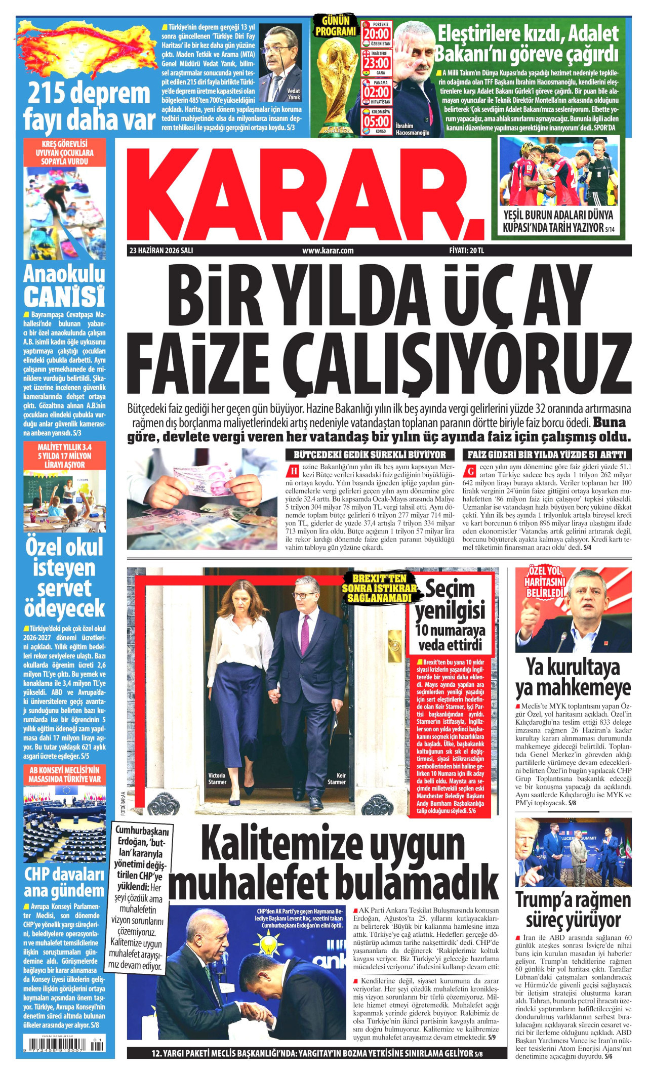 KARAR gazetesinin 23 Haziran 2026 tarihli birinci sayfası