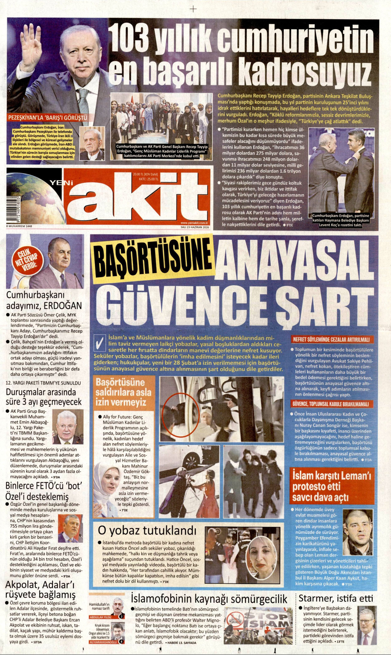 YENİ AKİT gazetesinin 23 Haziran 2026 tarihli birinci sayfası