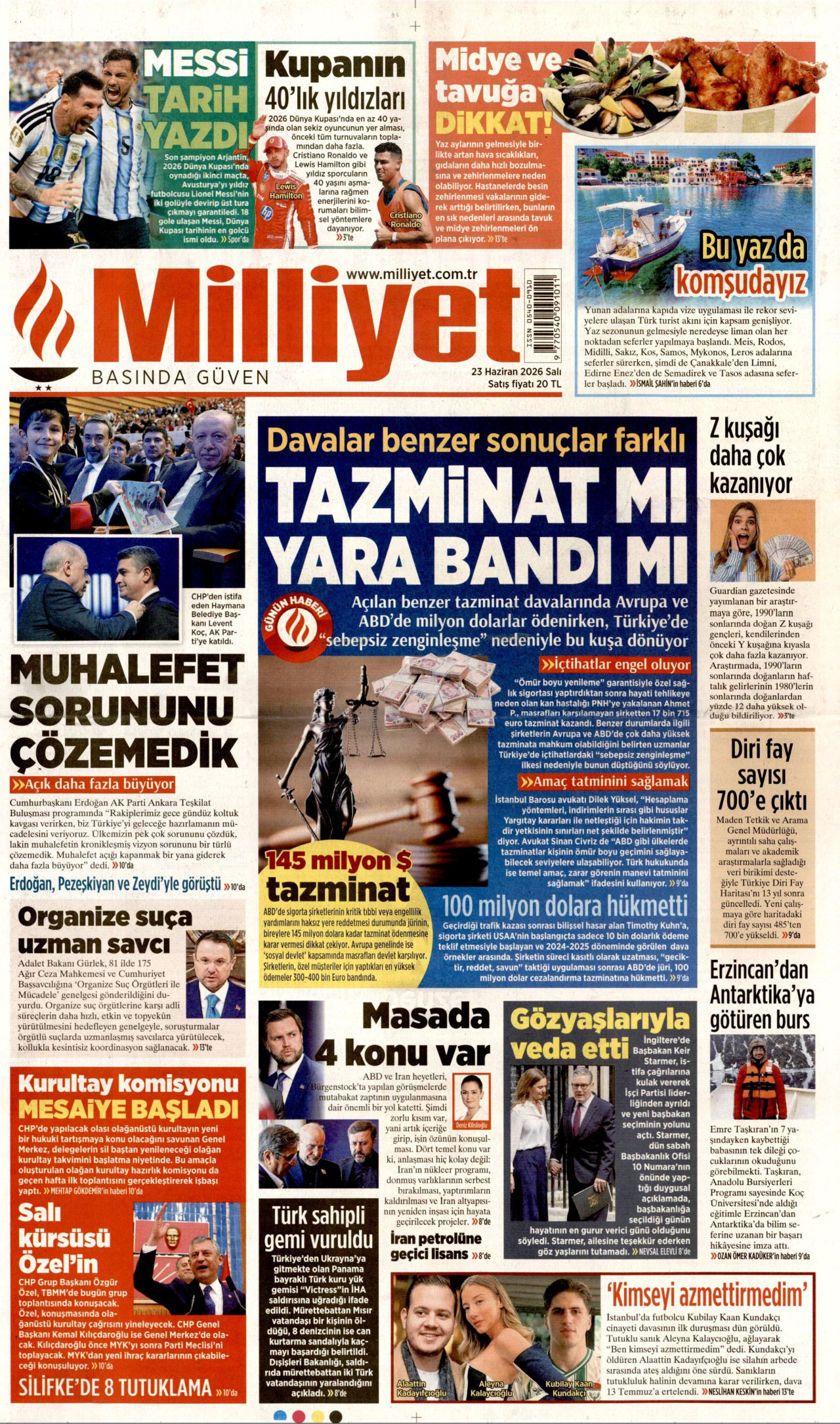 MİLLİYET gazetesinin 23 Haziran 2026 tarihli birinci sayfası