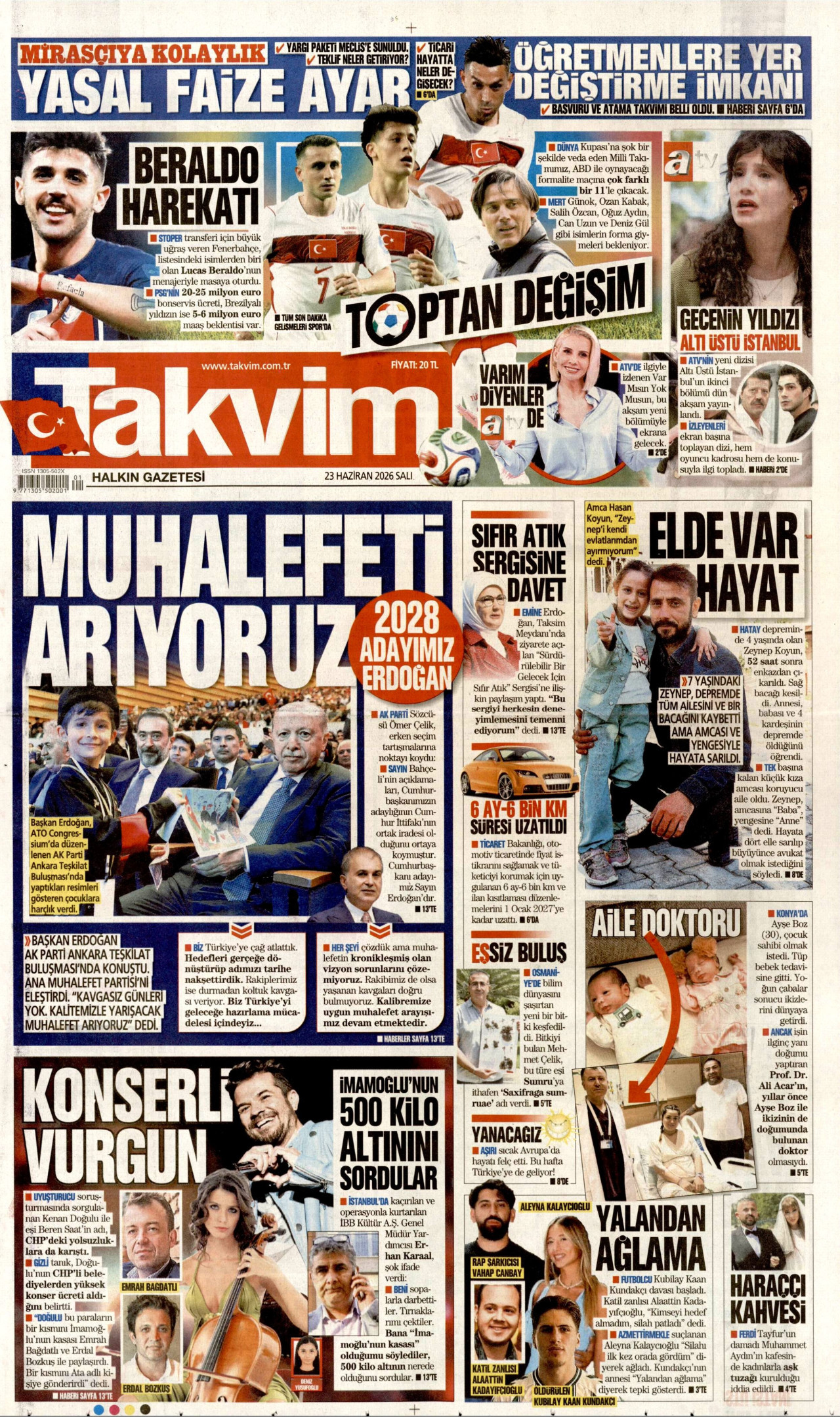 TAKVİM gazetesinin 23 Haziran 2026 tarihli birinci sayfası
