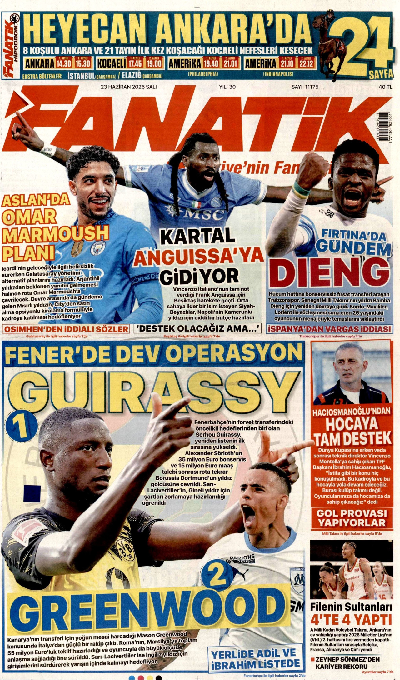 FANATİK gazetesinin 23 Haziran 2026 tarihli birinci sayfası