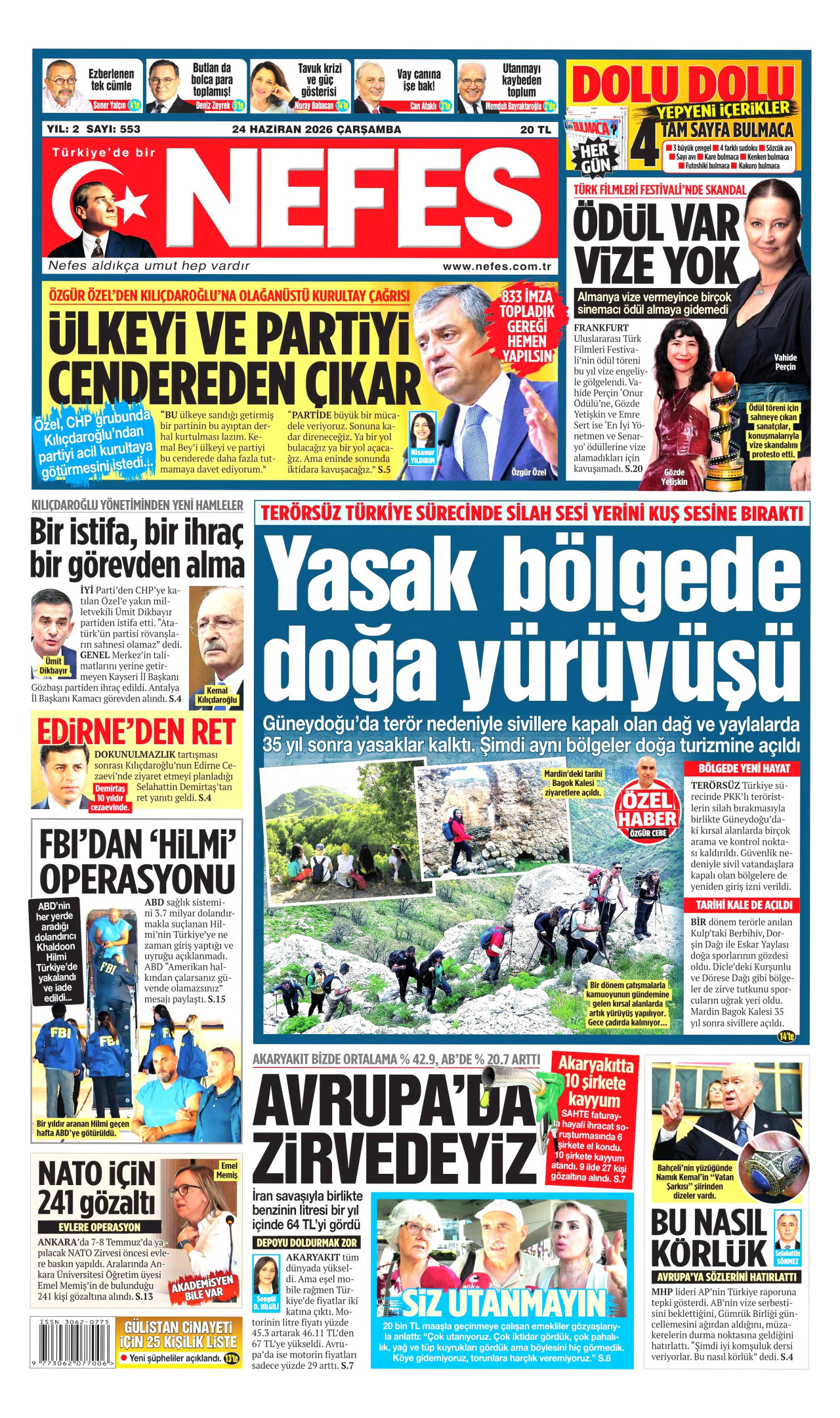 NEFES gazetesinin 24 Haziran 2026 tarihli birinci sayfası