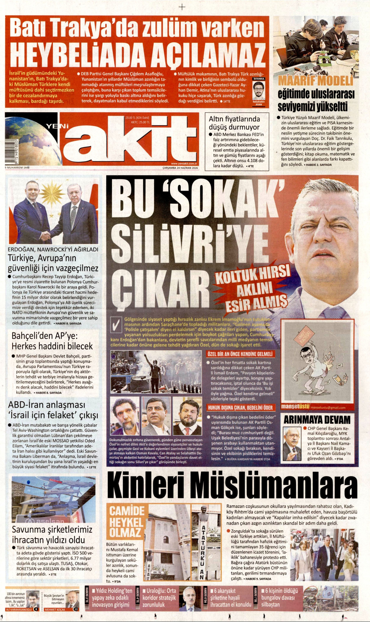 YENİ AKİT gazetesinin 24 Haziran 2026 tarihli birinci sayfası