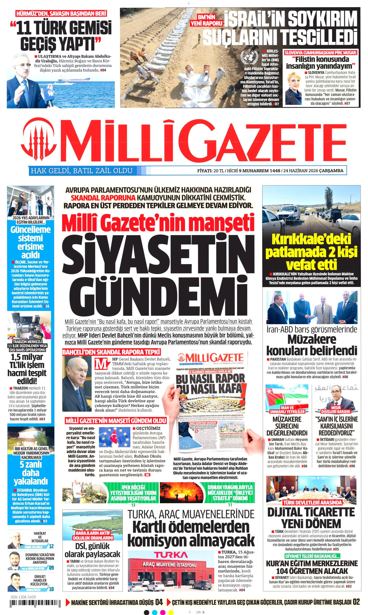 MİLLİ GAZETE gazetesinin 24 Haziran 2026 tarihli birinci sayfası