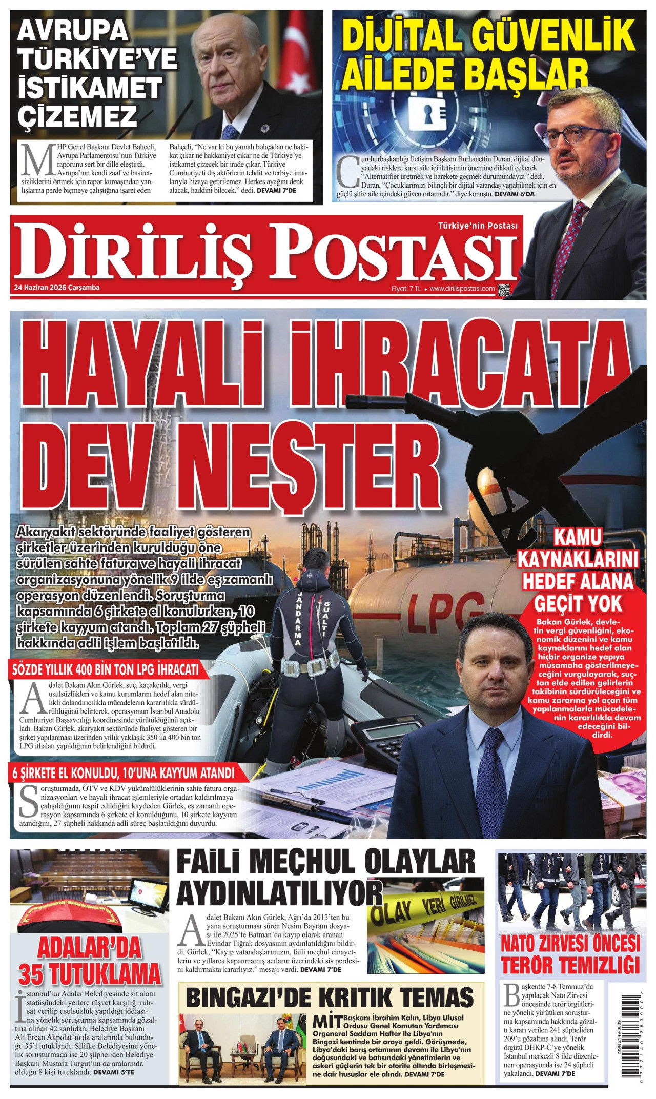 DİRİLİŞ POSTASI gazetesinin 24 Haziran 2026 tarihli birinci sayfası