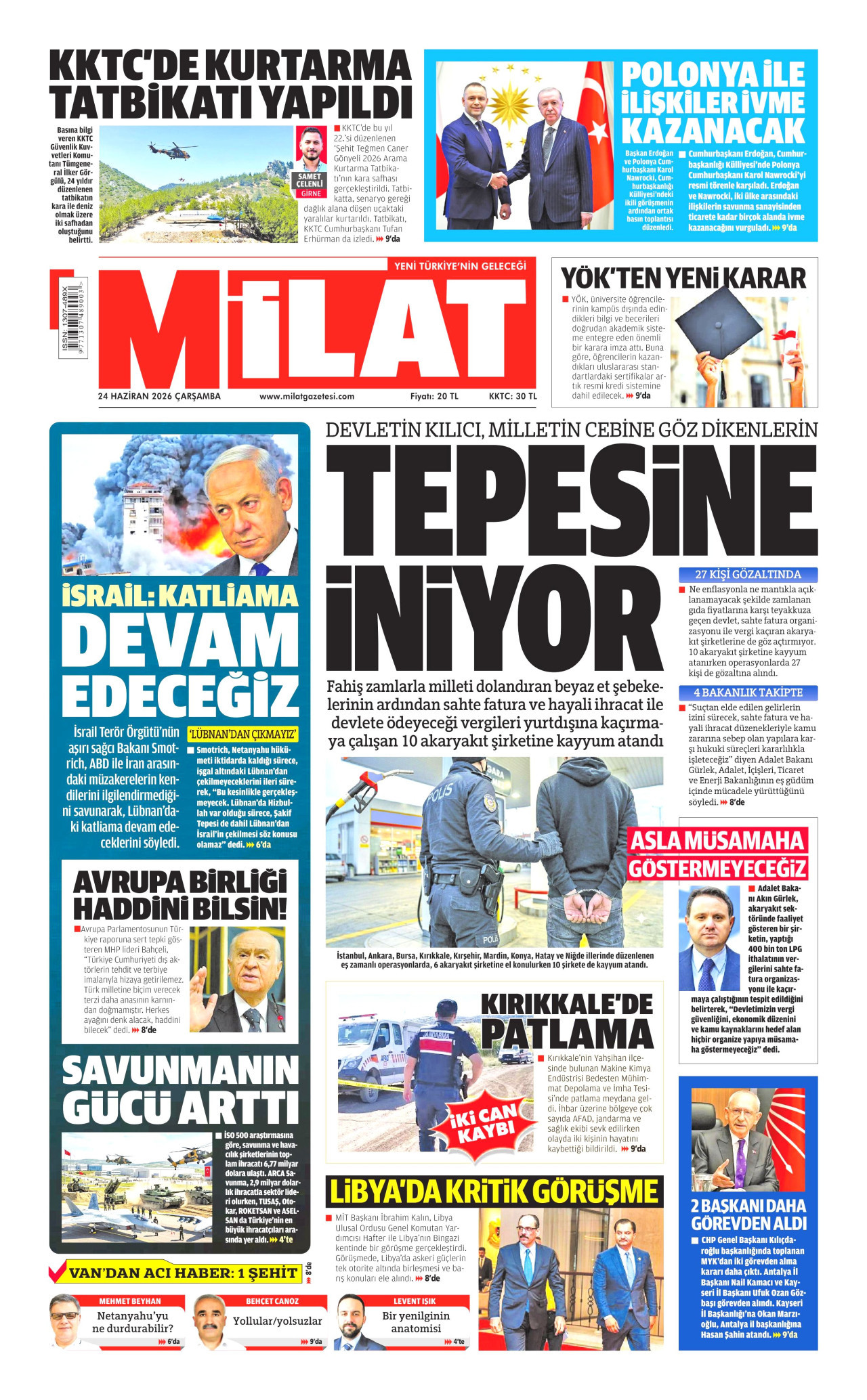MİLAT gazetesinin 24 Haziran 2026 tarihli birinci sayfası