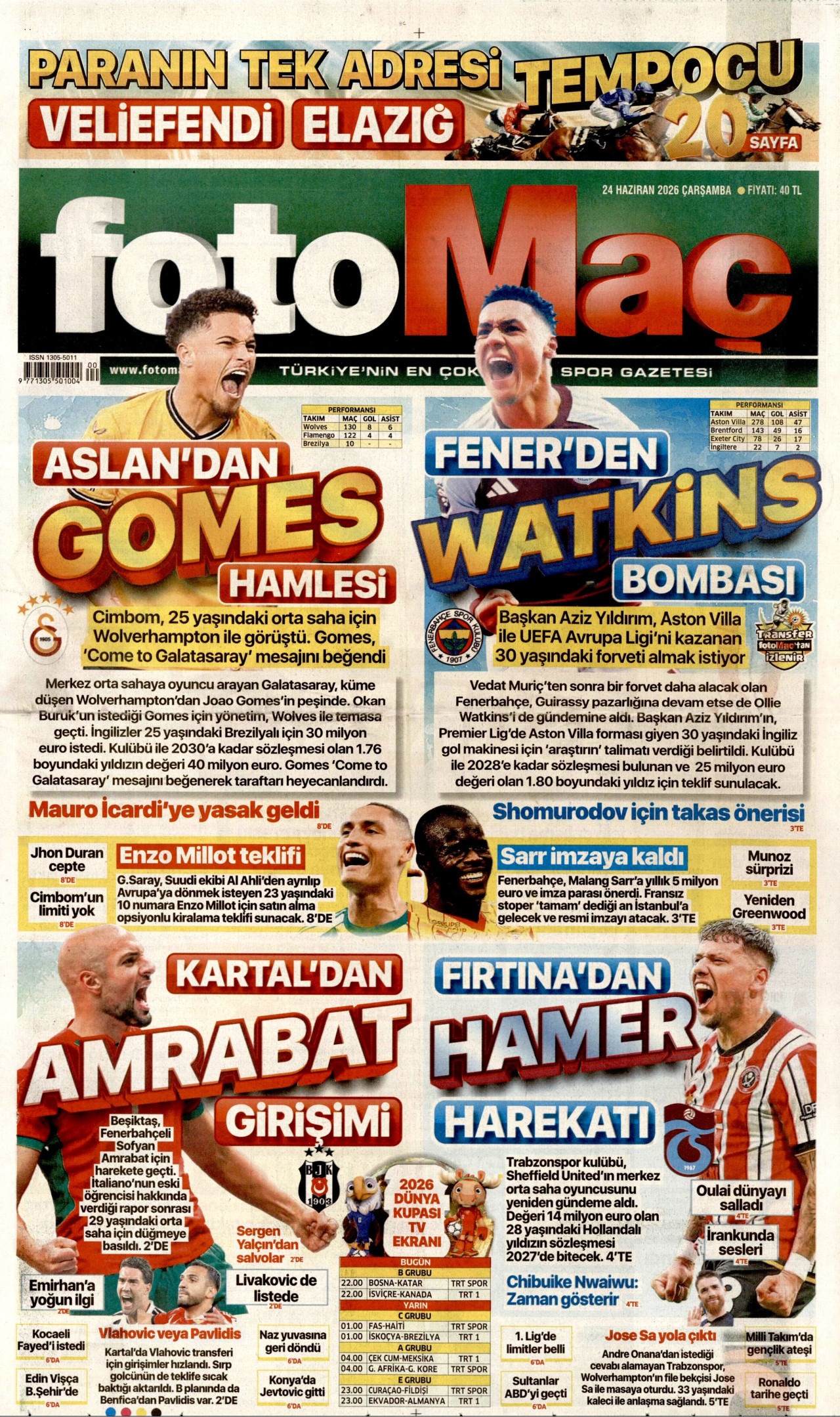 FOTOMAÇ gazetesinin 24 Haziran 2026 tarihli birinci sayfası