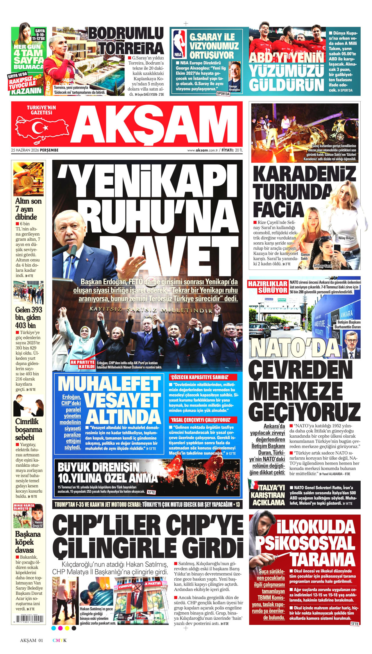 AKŞAM gazetesinin 25 Haziran 2026 tarihli birinci sayfası