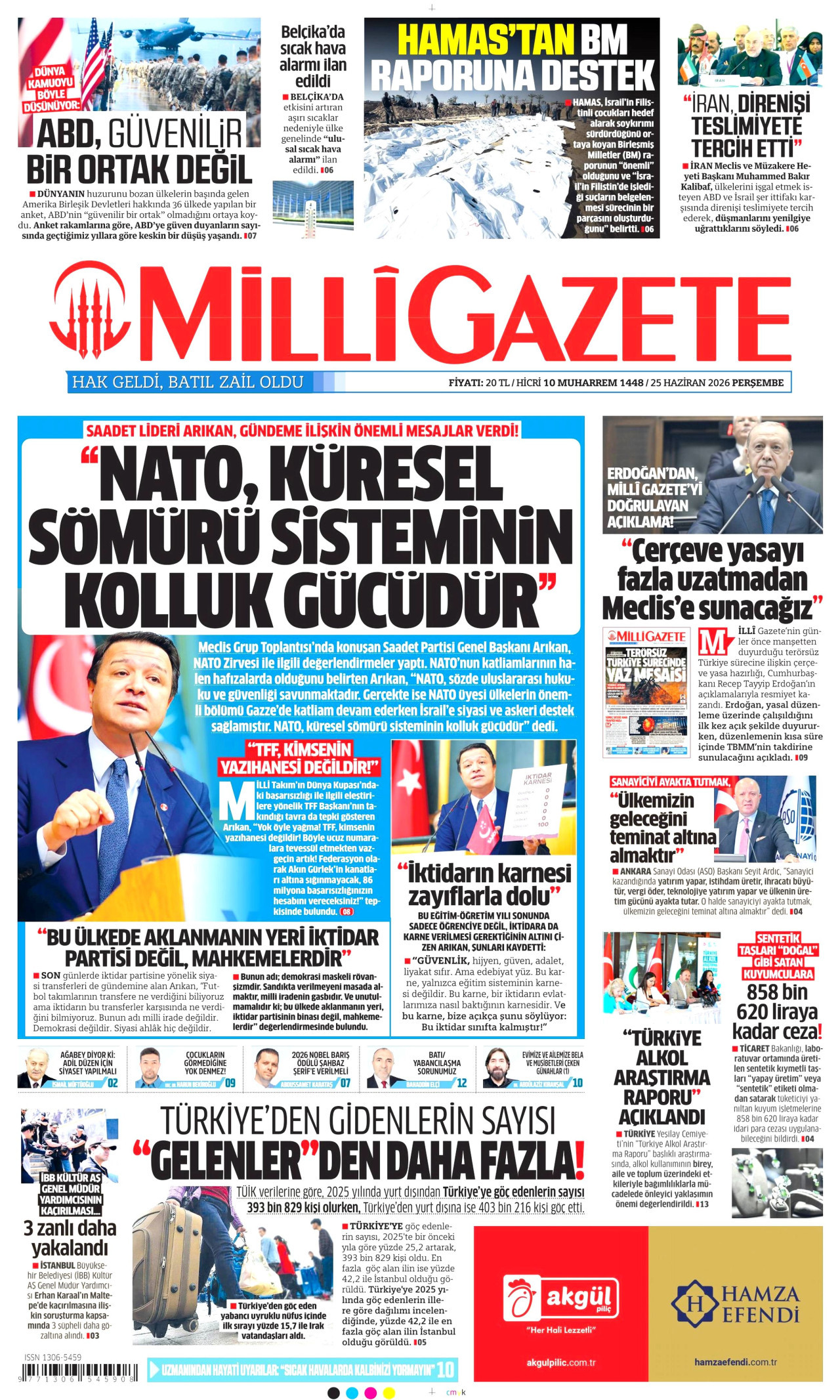 MİLLİ GAZETE gazetesinin 25 Haziran 2026 tarihli birinci sayfası