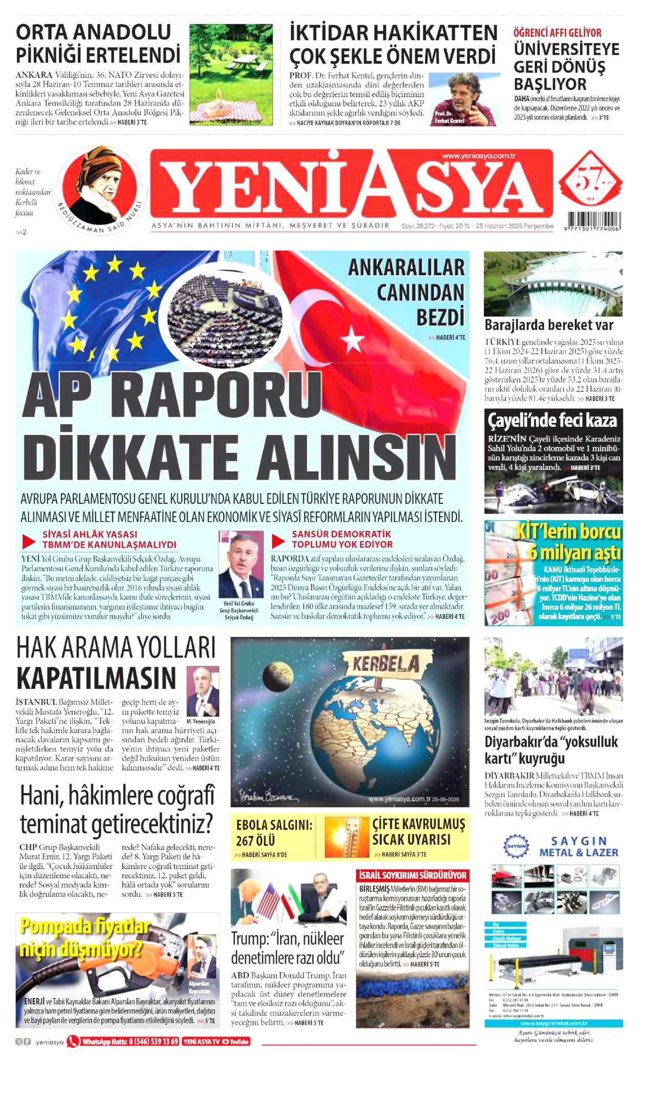 YENİ ASYA gazetesinin 25 Haziran 2026 tarihli birinci sayfası