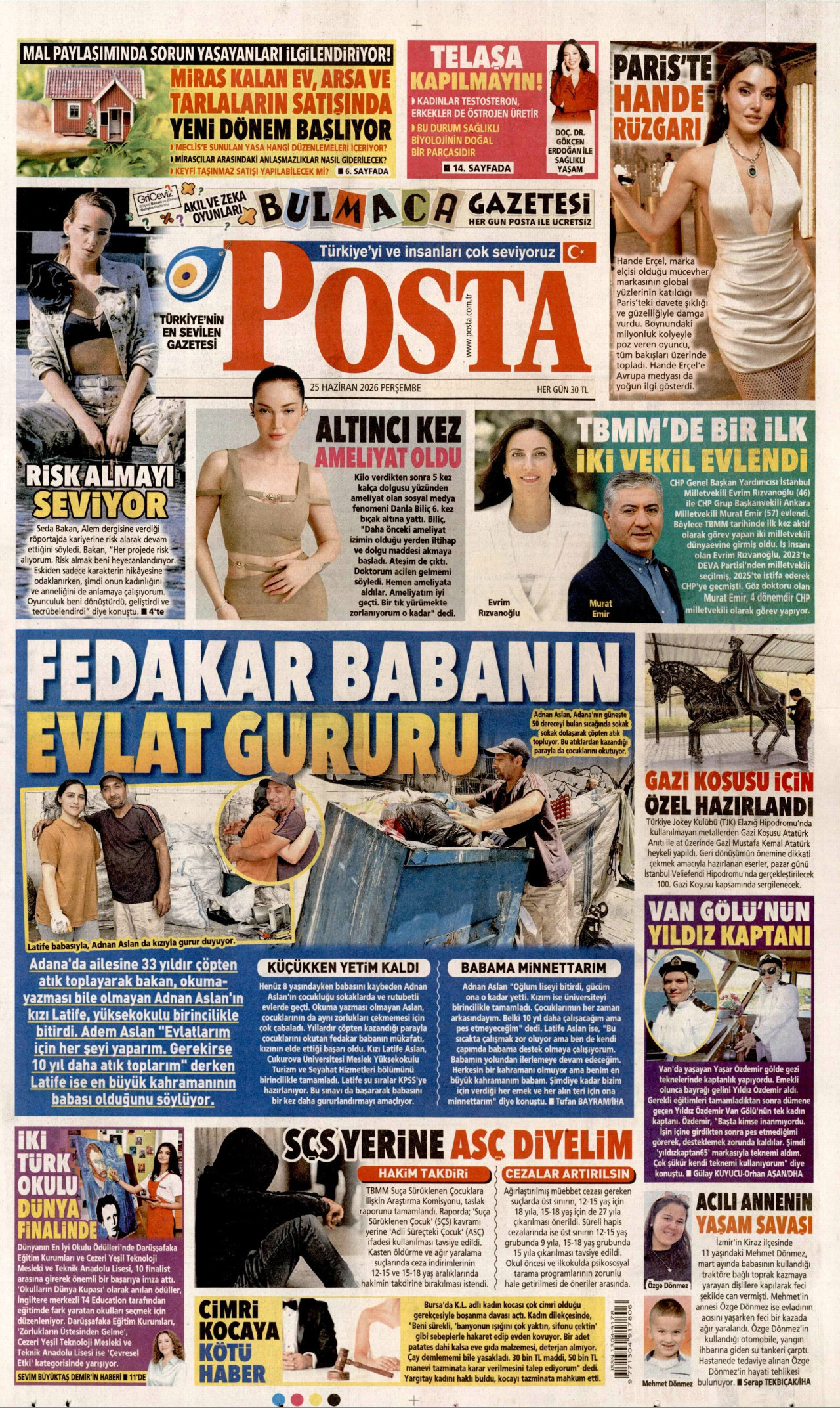 POSTA gazetesinin 25 Haziran 2026 tarihli birinci sayfası