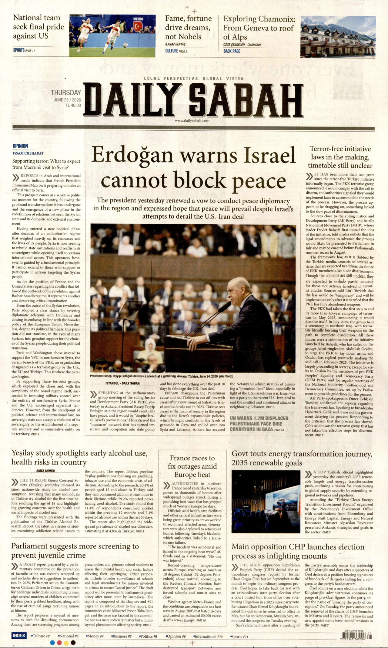 DAİLY SABAH gazetesinin 25 Haziran 2026 tarihli birinci sayfası