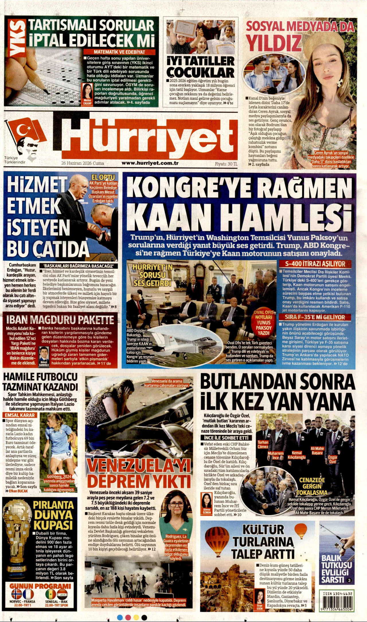 HÜRRİYET gazetesinin 26 Haziran 2026 tarihli birinci sayfası