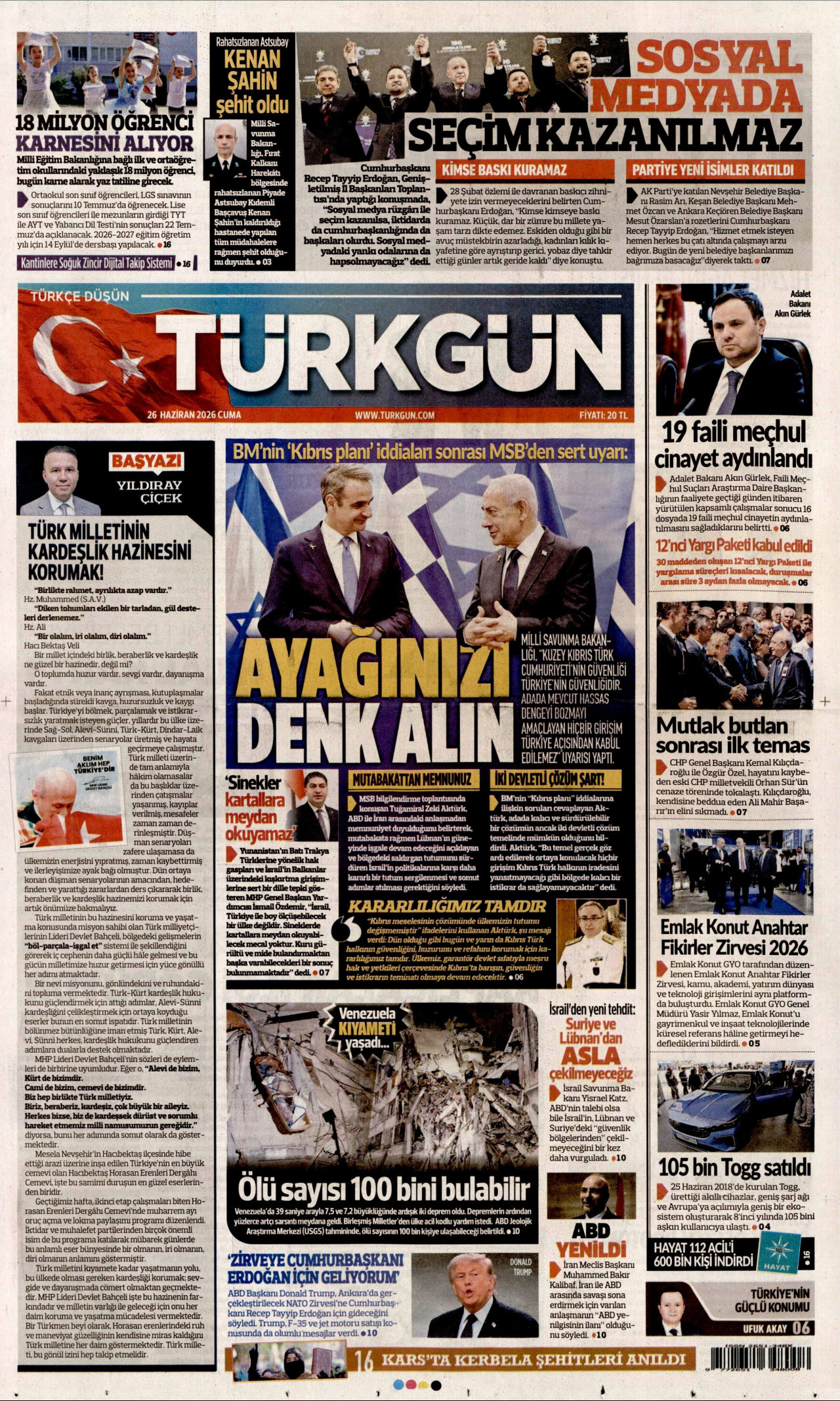 TÜRKGÜN gazetesinin 26 Haziran 2026 tarihli birinci sayfası