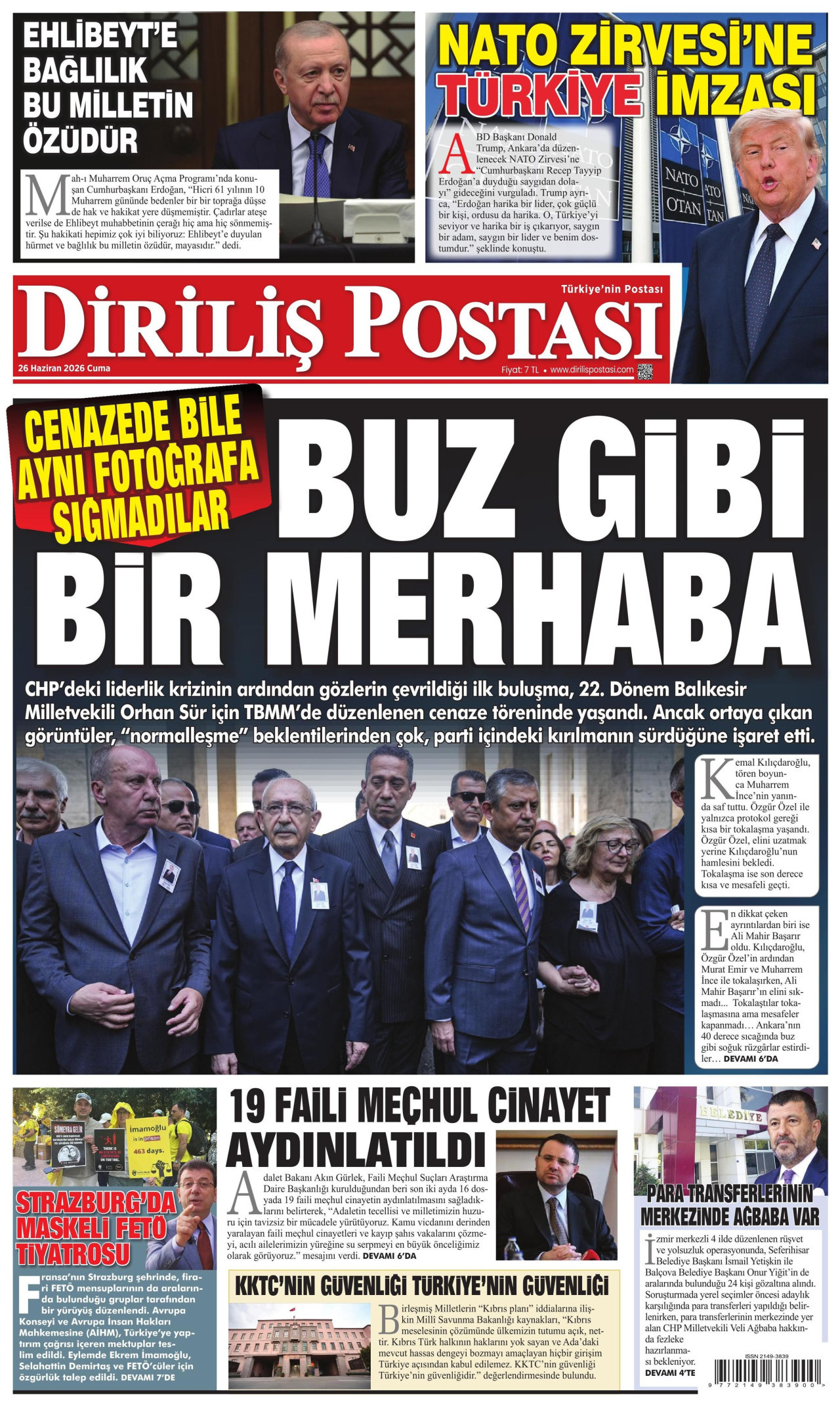 DİRİLİŞ POSTASI gazetesinin 26 Haziran 2026 tarihli birinci sayfası