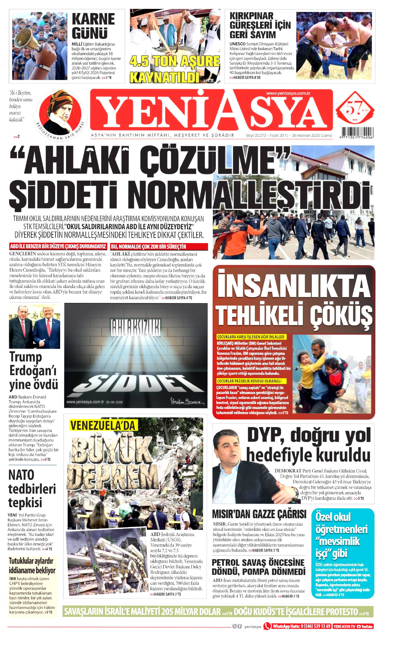 YENİ ASYA gazetesinin 26 Haziran 2026 tarihli birinci sayfası