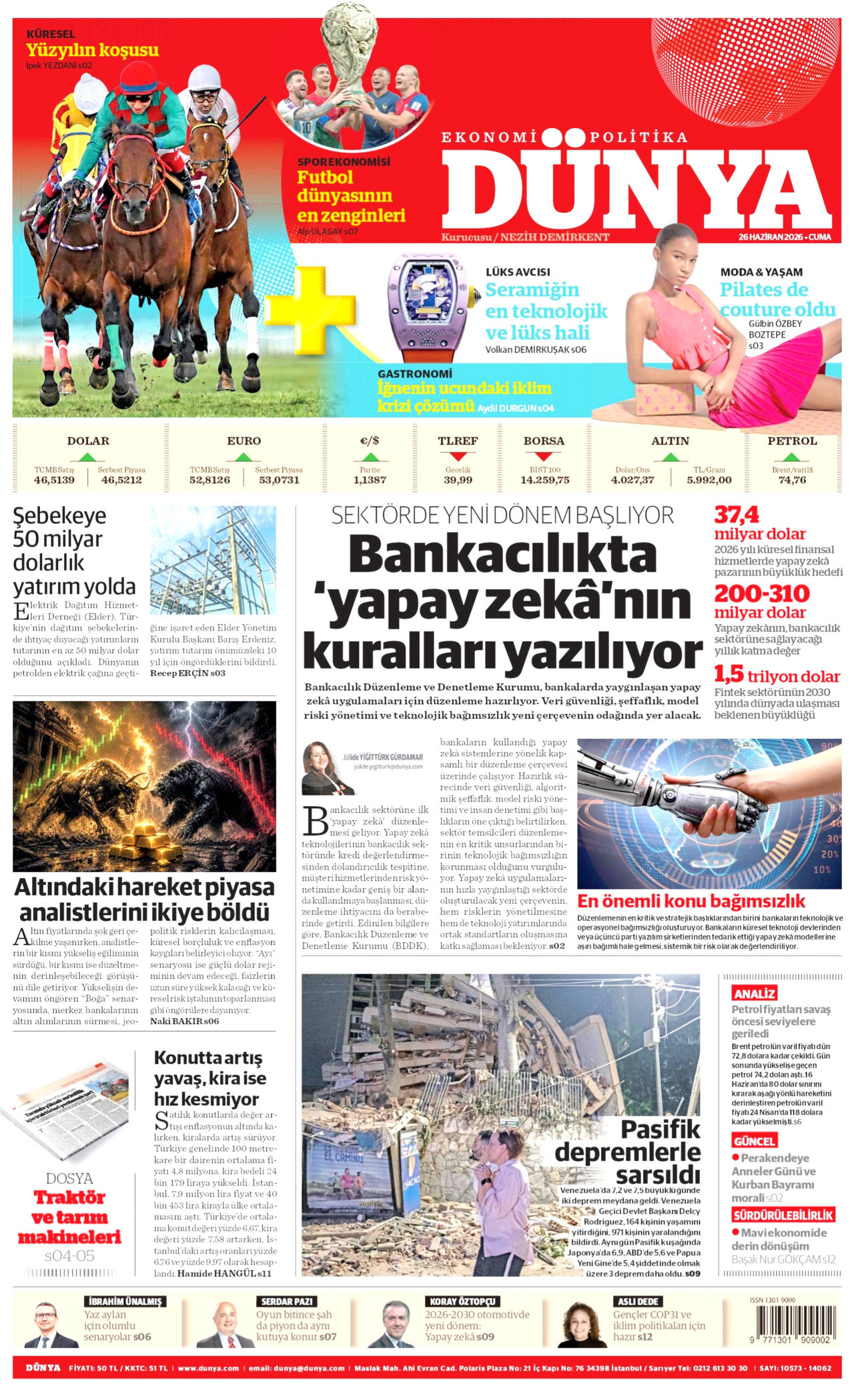 DÜNYA gazetesinin 26 Haziran 2026 tarihli birinci sayfası