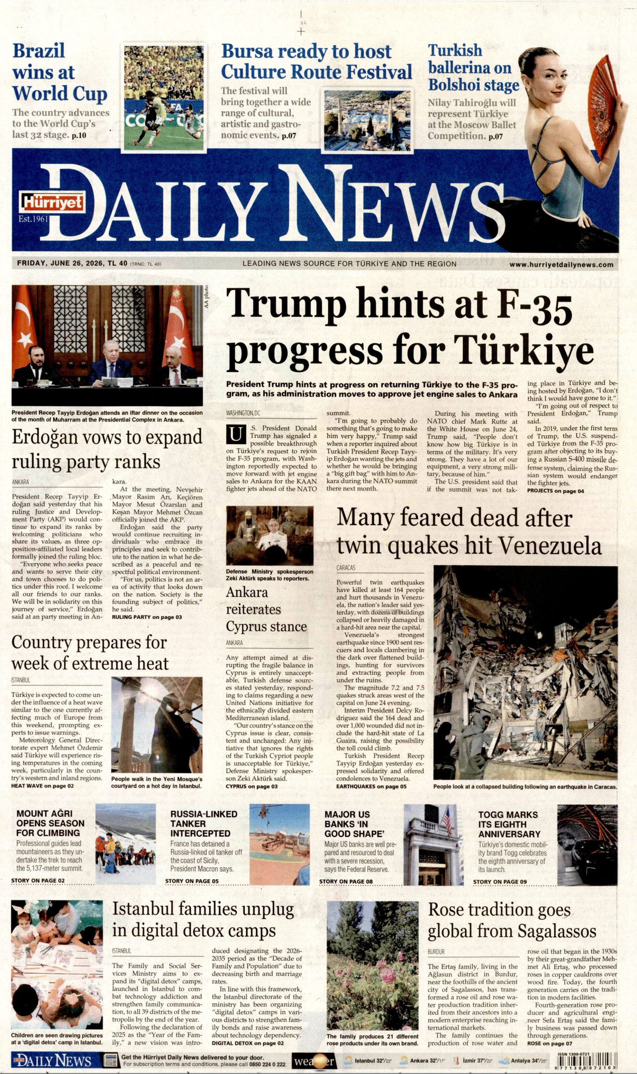 HÜRRİYET DAİLY NEWS gazetesinin 26 Haziran 2026 tarihli birinci sayfası