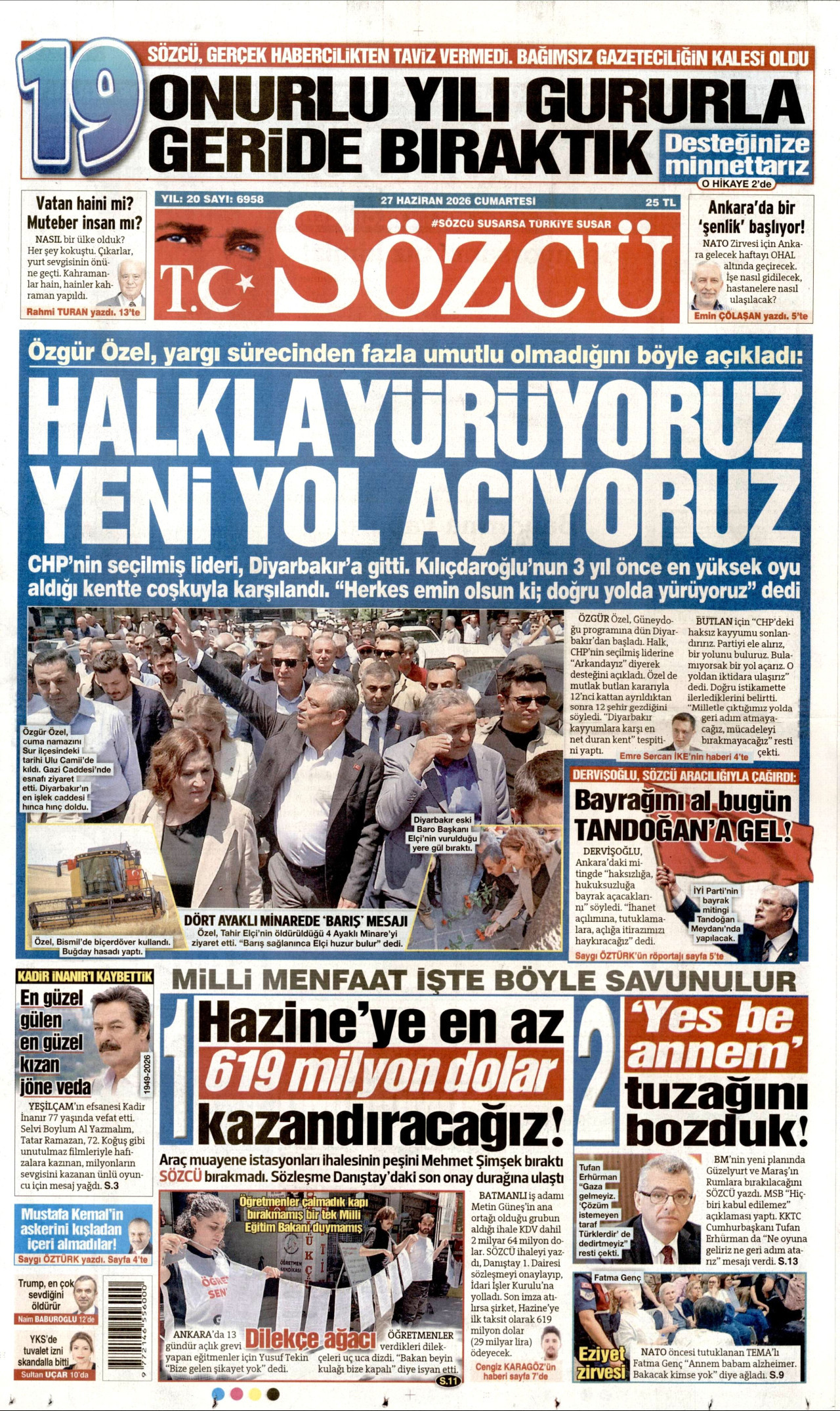 SÖZCÜ gazetesinin 27 Haziran 2026 tarihli birinci sayfası
