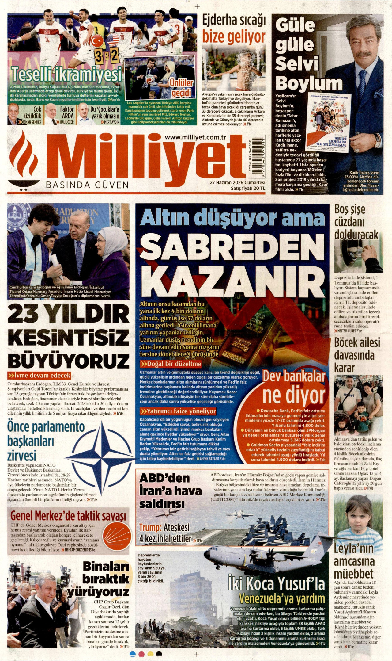 MİLLİYET gazetesinin 27 Haziran 2026 tarihli birinci sayfası