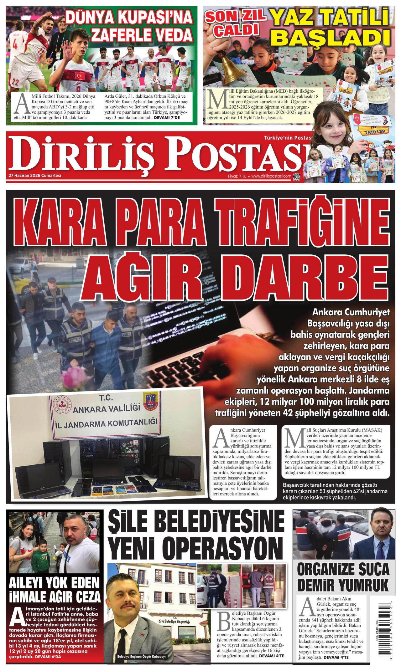 DİRİLİŞ POSTASI gazetesinin 27 Haziran 2026 tarihli birinci sayfası