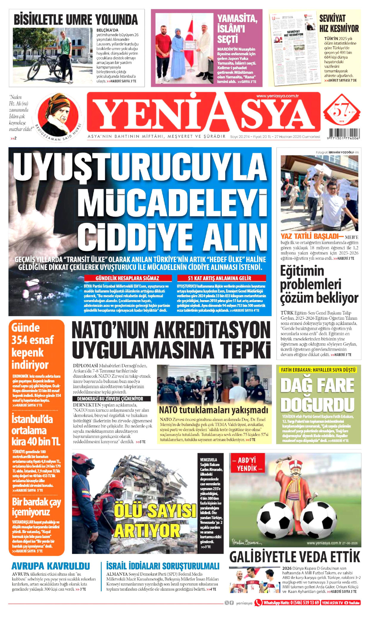 YENİ ASYA gazetesinin 27 Haziran 2026 tarihli birinci sayfası