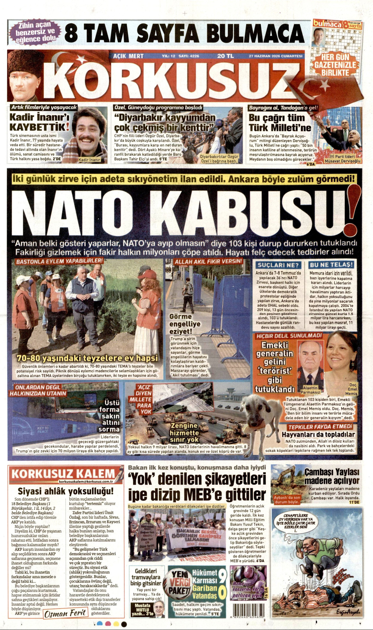KORKUSUZ gazetesinin 27 Haziran 2026 tarihli birinci sayfası