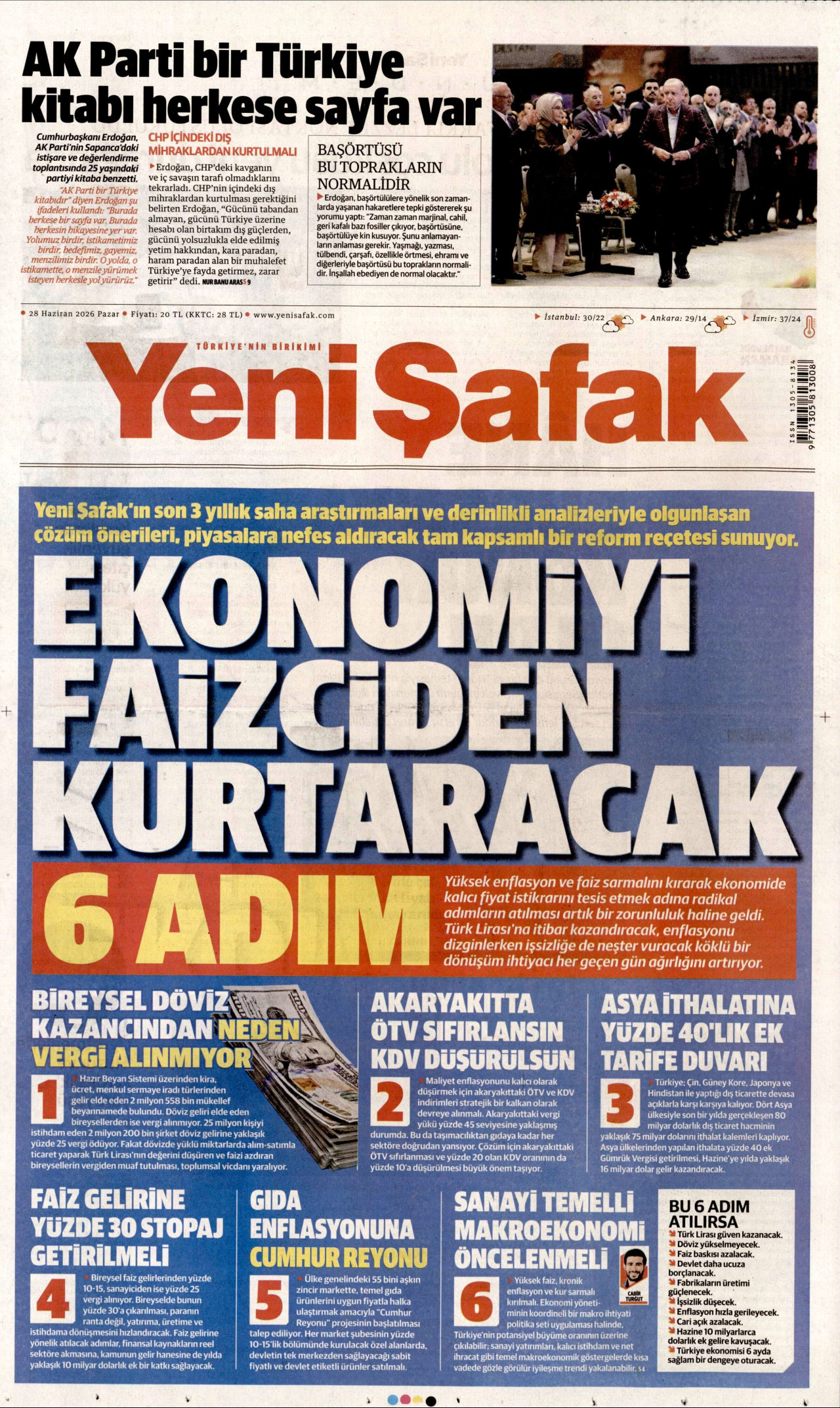 YENİ ŞAFAK gazetesinin 28 Haziran 2026 tarihli birinci sayfası