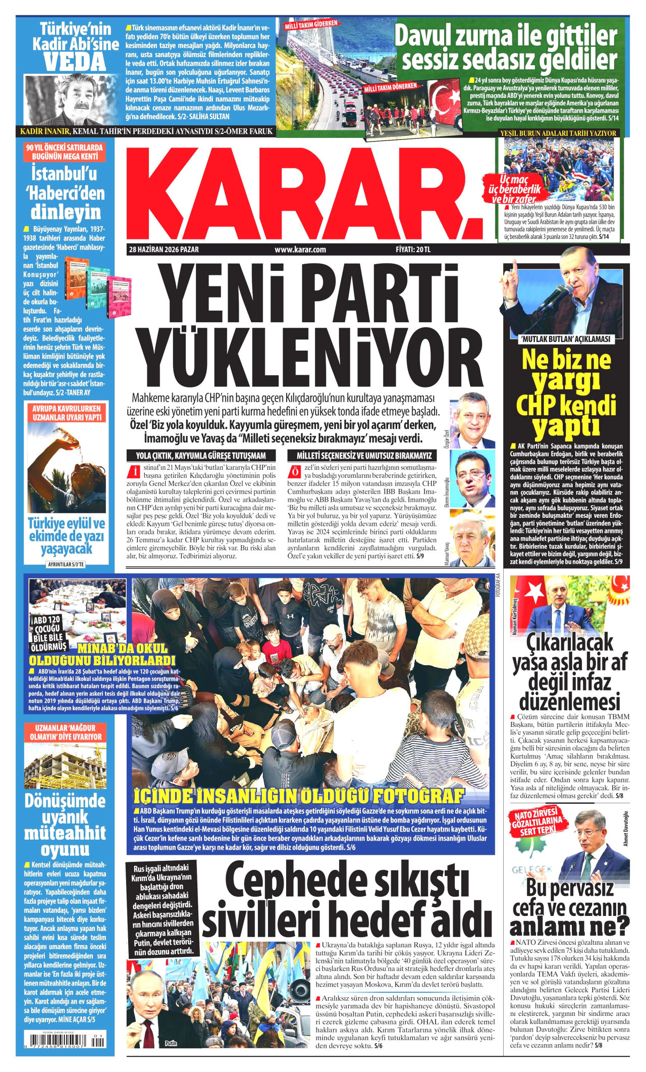 KARAR gazetesinin 28 Haziran 2026 tarihli birinci sayfası