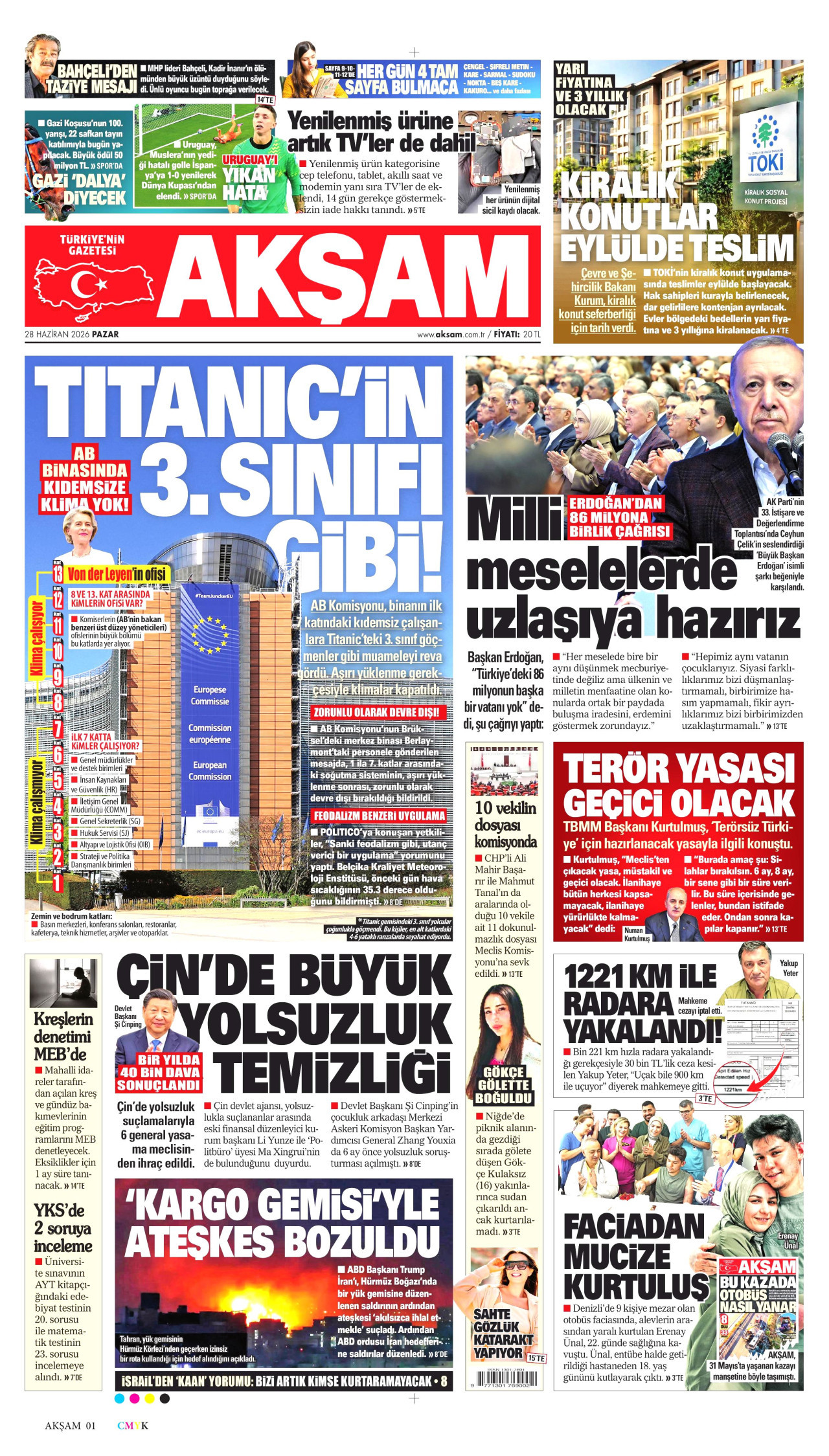AKŞAM gazetesinin 28 Haziran 2026 tarihli birinci sayfası