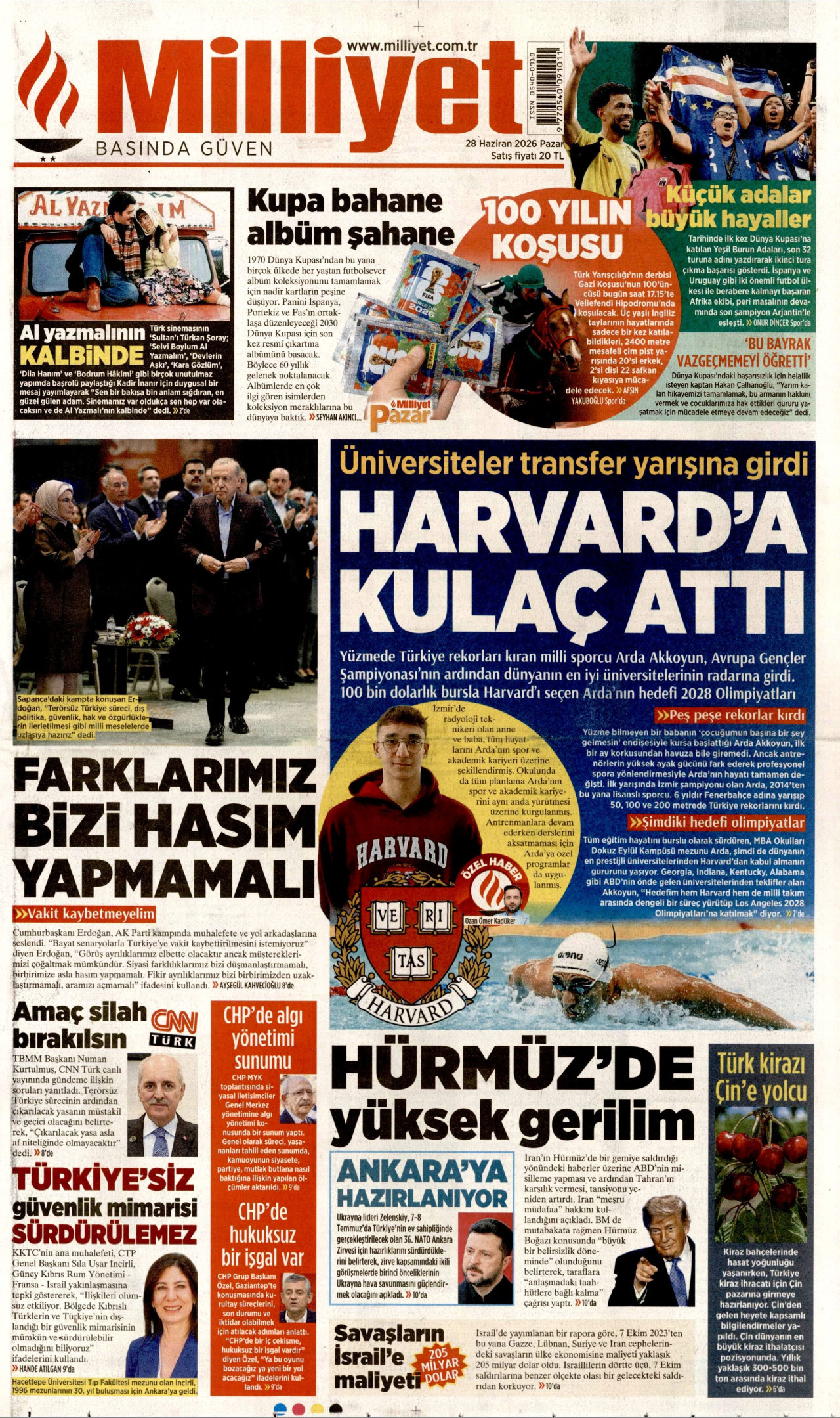 MİLLİYET gazetesinin 28 Haziran 2026 tarihli birinci sayfası