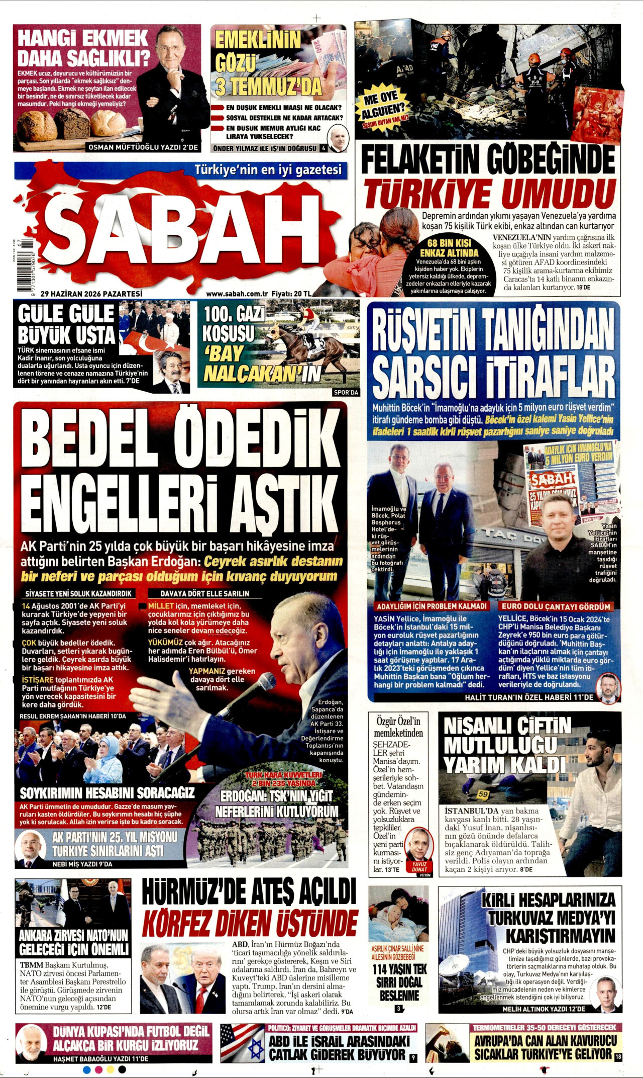 SABAH gazetesinin 29 Haziran 2026 tarihli birinci sayfası