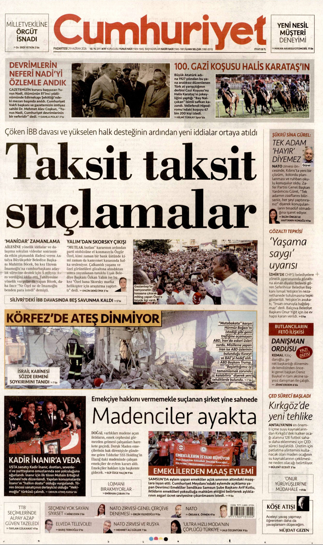 CUMHURİYET gazetesinin 29 Haziran 2026 tarihli birinci sayfası