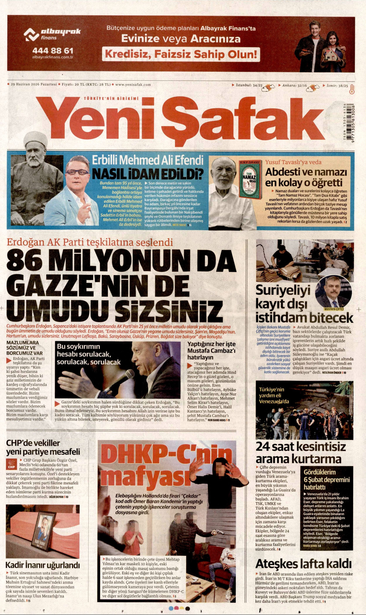 YENİ ŞAFAK gazetesinin 29 Haziran 2026 tarihli birinci sayfası