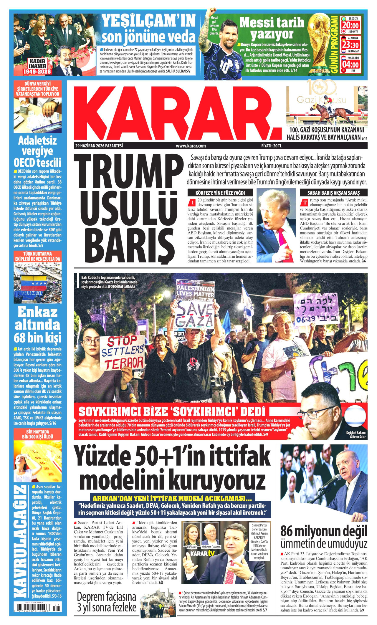 KARAR gazetesinin 29 Haziran 2026 tarihli birinci sayfası