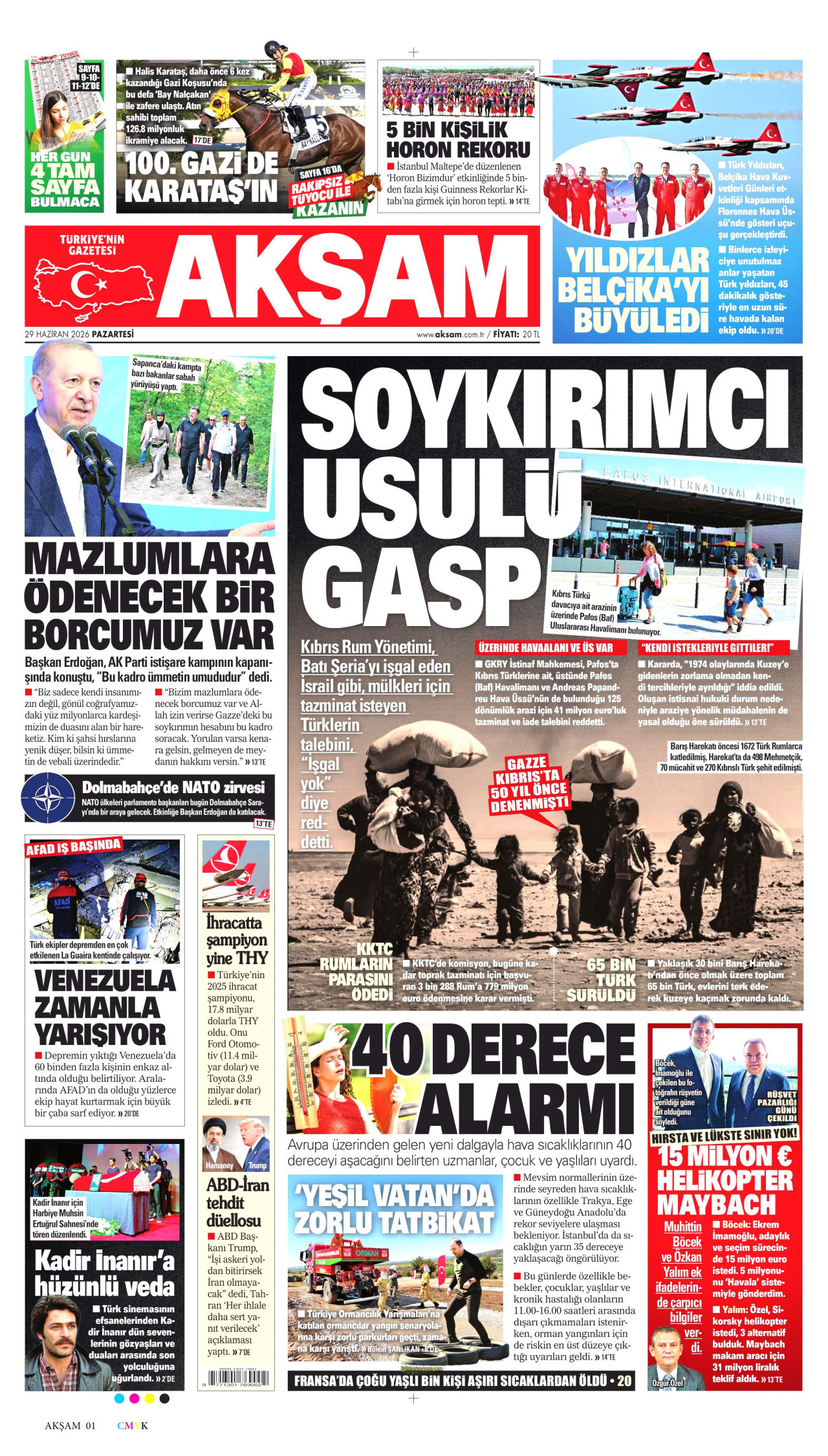 AKŞAM gazetesinin 29 Haziran 2026 tarihli birinci sayfası